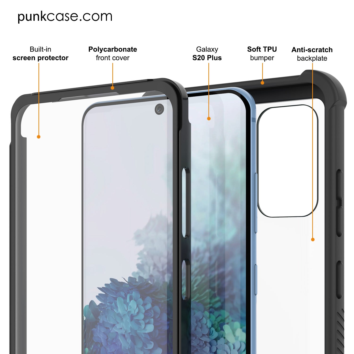 PunkCase Galaxy S20+ Plus Case, [Spartan Series] Clear Rugged Heavy Duty Cover W/Built in Screen Protector [Black] (Color in image: pink)