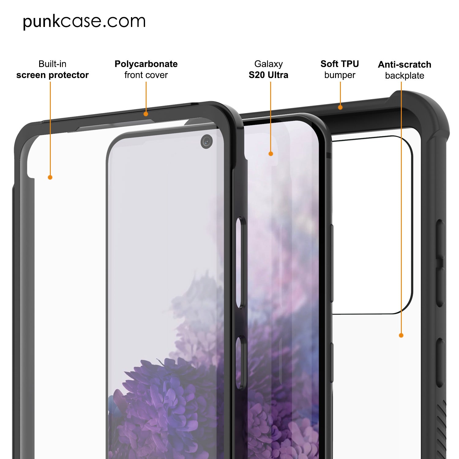 PunkCase Galaxy S20 Ultra Case, [Spartan Series] Clear Rugged Heavy Duty Cover W/Built in Screen Protector [Black] (Color in image: pink)