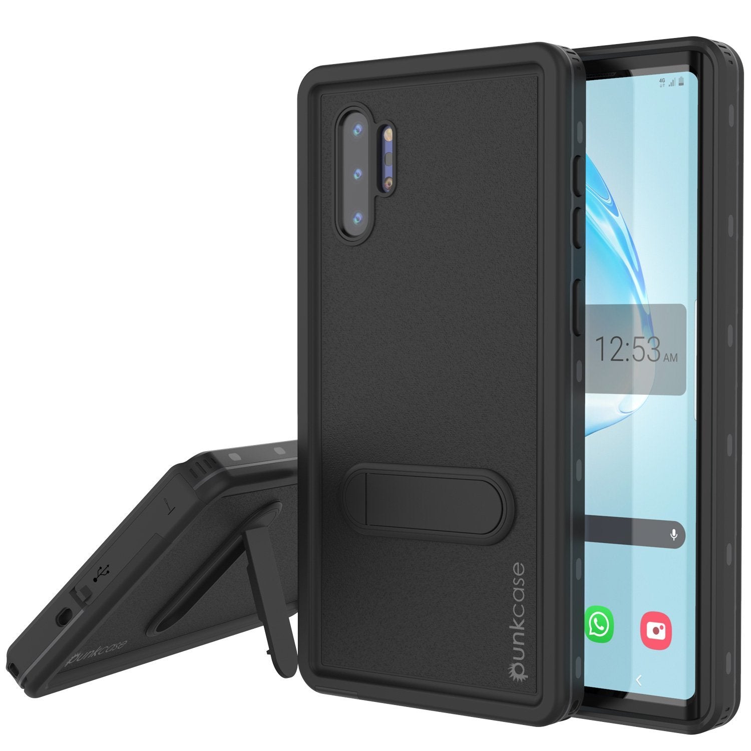 Capa à Prova d'Água PunkCase Galaxy Note 10+ Plus, Série KickStud, Capa Blindada Preta