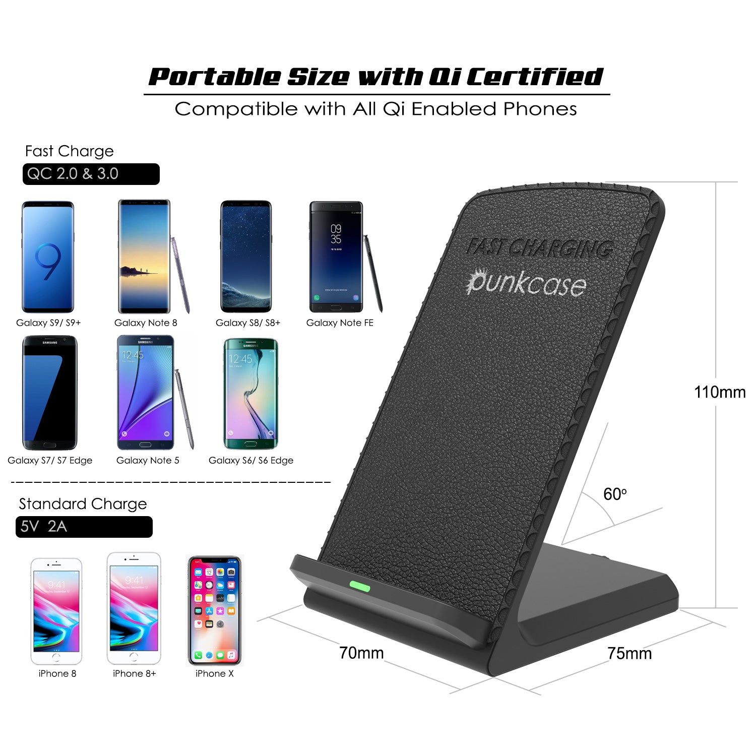 Portable Size with Gi Certified Compatible with All Qi Enabled Phones a Punkcase Galaxy S9 S9+ Galaxy Note 8 Galaxy S8 S8+ Galaxy Note FE Galaxy S7 S7 Edge Galaxy Note 5 Galaxy S6 S6 Edge Fast Charge QC 2.0 & 3.0 110mm 7 iPhone 8 iPhone 8+ iPhone X