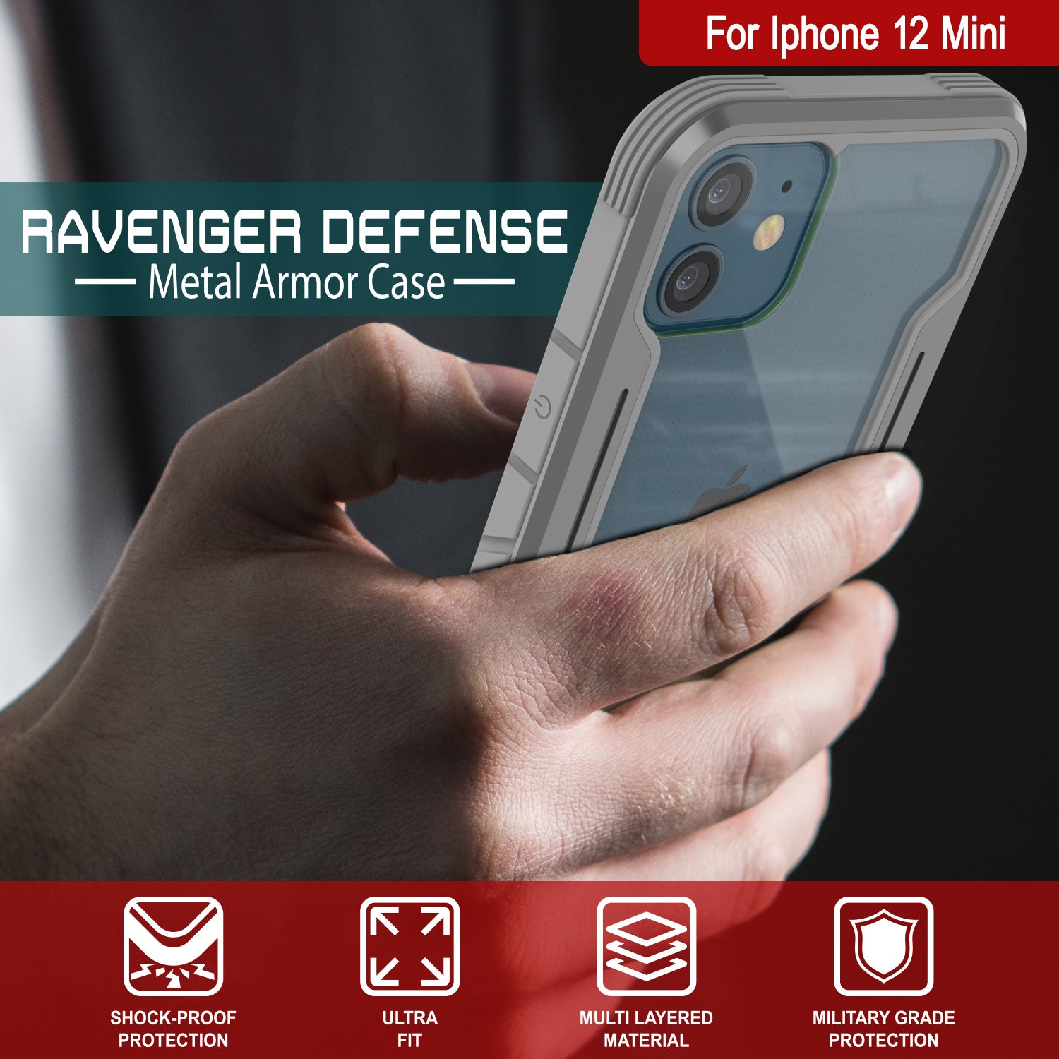 Punkcase iPhone 12 Mini ravenger Case Protective Military Grade Multilayer Cover [Grey] (Color in image: Red)