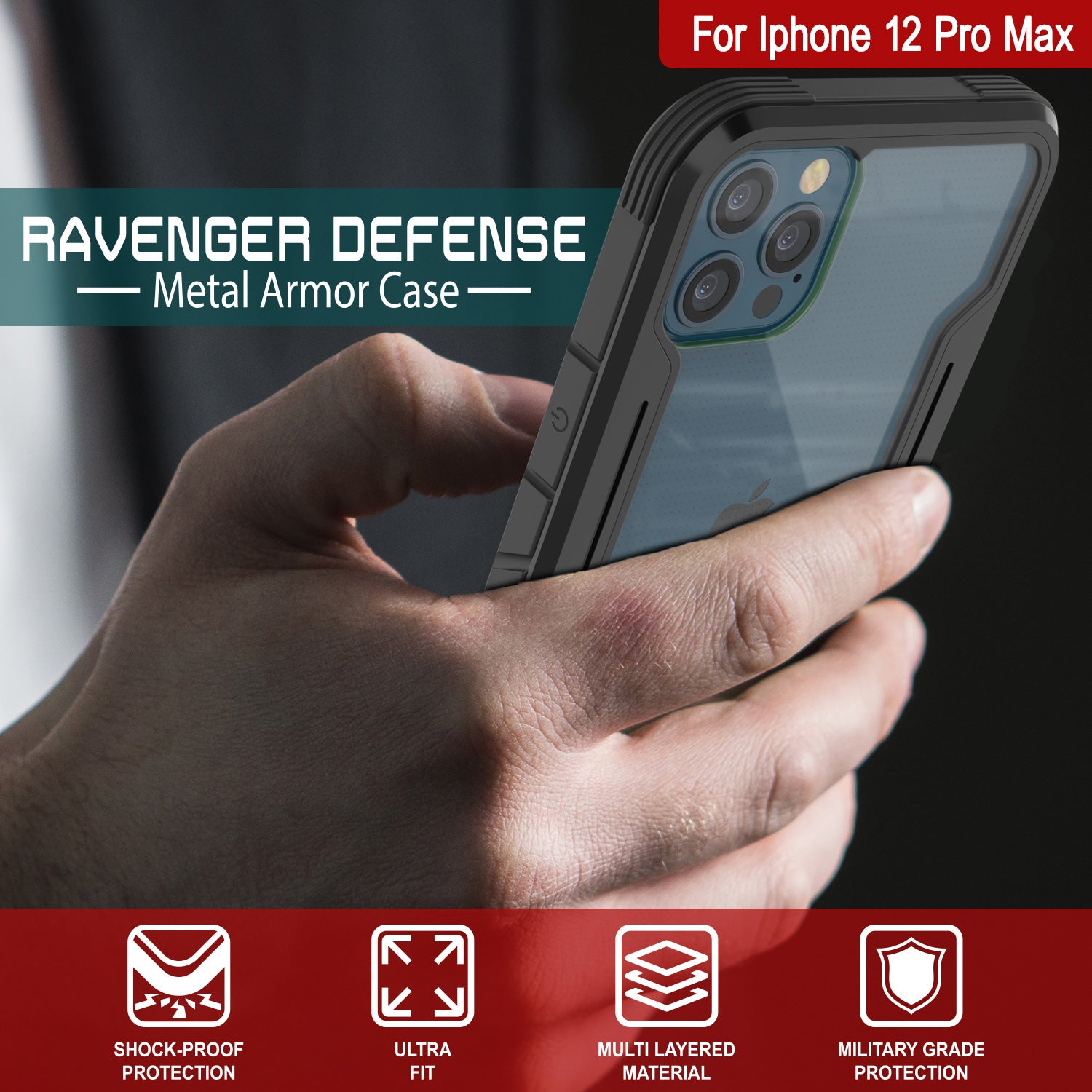 Punkcase iPhone 12 Pro Max ravenger Case Protective Military Grade Multilayer Cover [Black] (Color in image: Grey-Black)