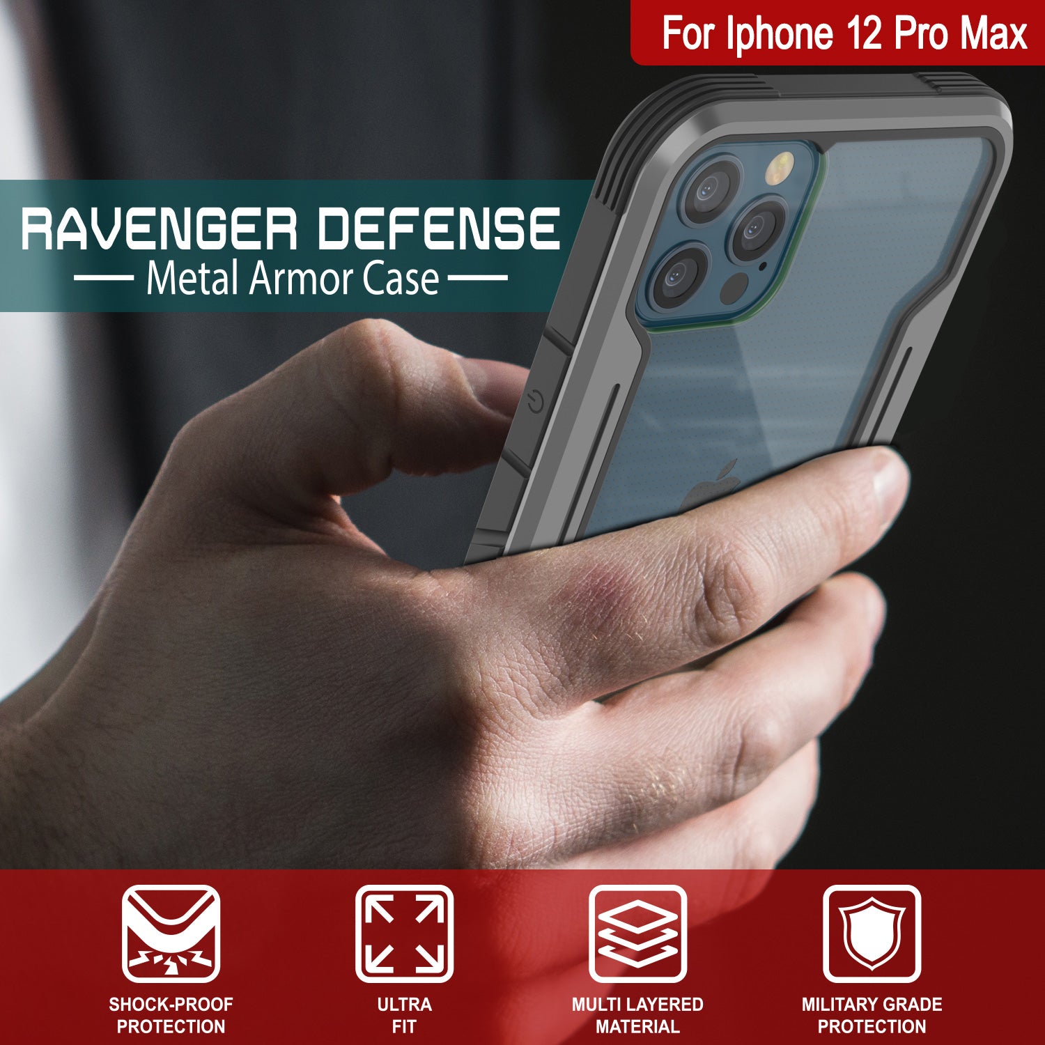 Punkcase iPhone 12 Pro Max ravenger Case Protective Military Grade Multilayer Cover [Grey-Black] (Color in image: Red)
