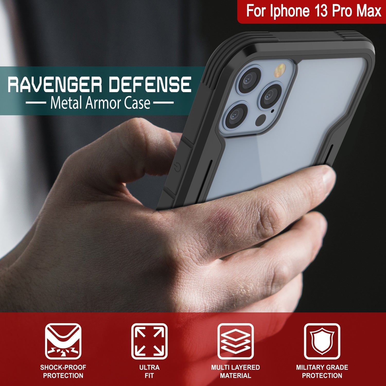 Capa Protetora Punkcase iPhone 14 Pro Max Ravenger MAG Defense de Grau Militar com Camada Multifuncional [Preto]