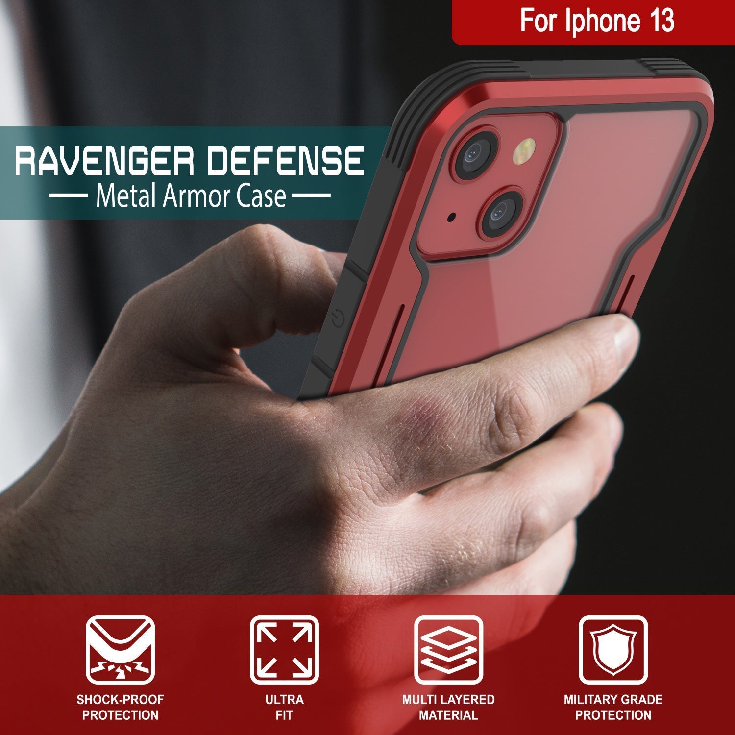 Capa protetora Punkcase iPhone 14 Ravenger MAG Defense de Grau Militar com Camada Múltipla [Vermelha]