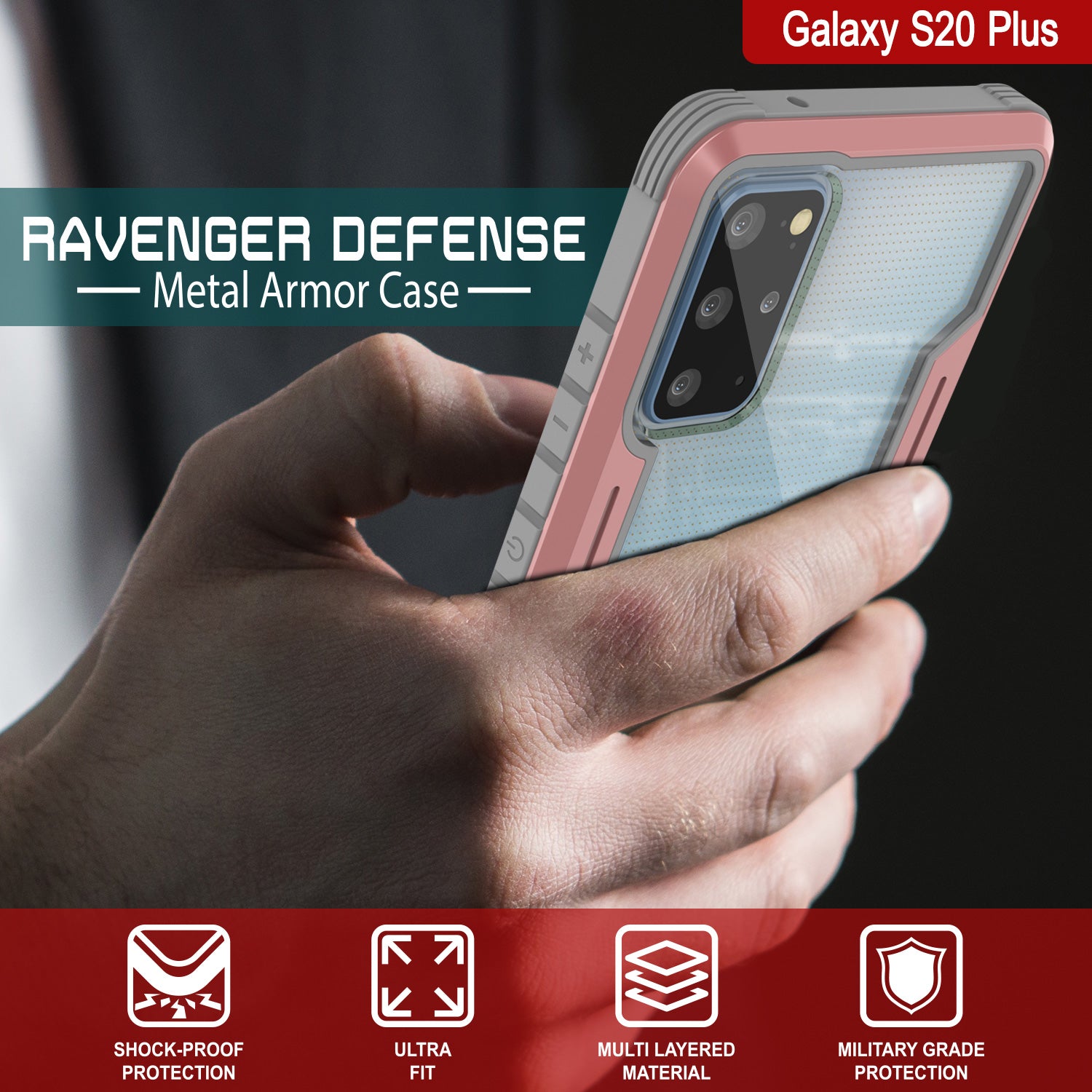 Punkcase S20+ Plus ravenger Case Protective Military Grade Multilayer Cover [Rose-Gold] (Color in image: Black)