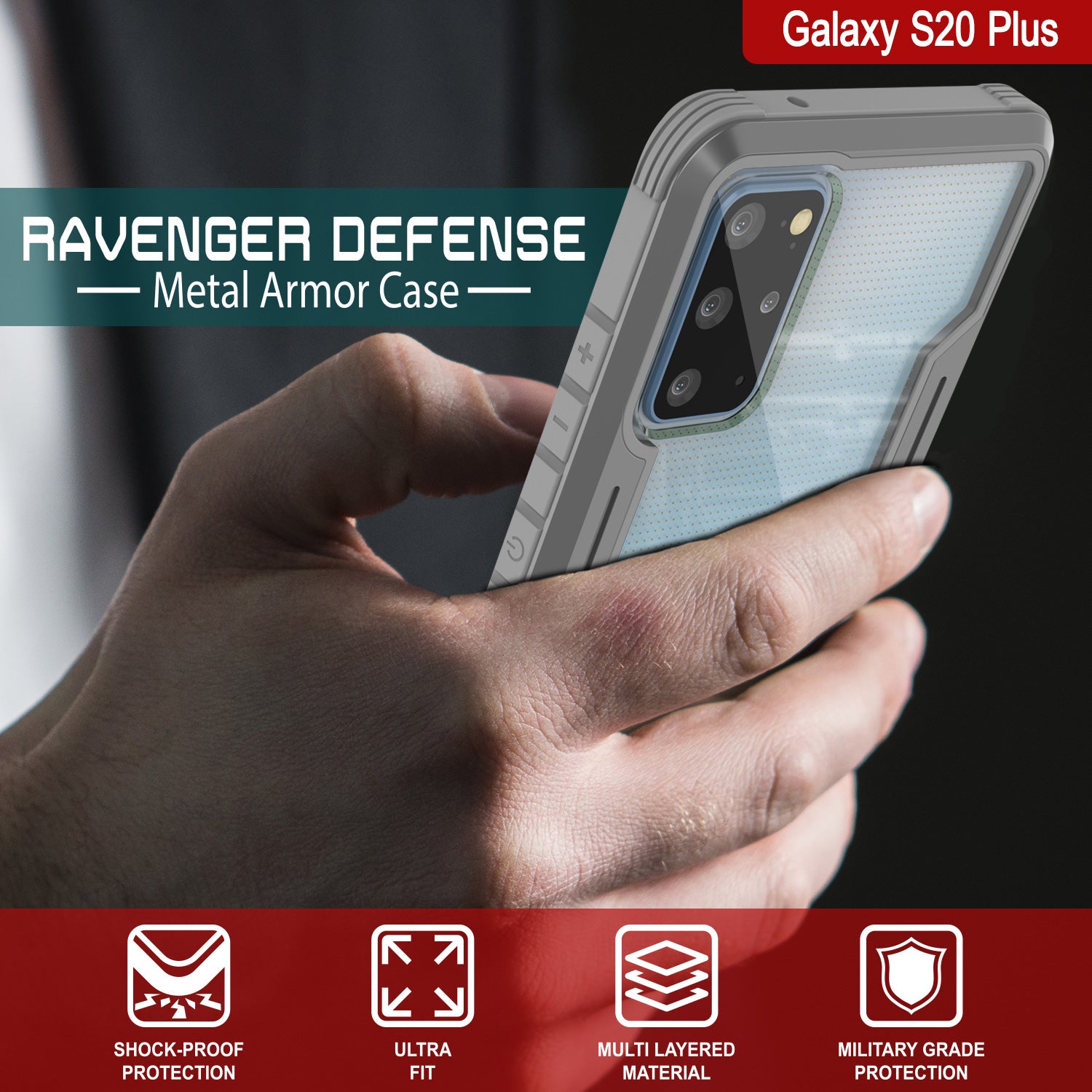 Punkcase S20+ Plus ravenger Case Protective Military Grade Multilayer Cover [Grey] (Color in image: Red)