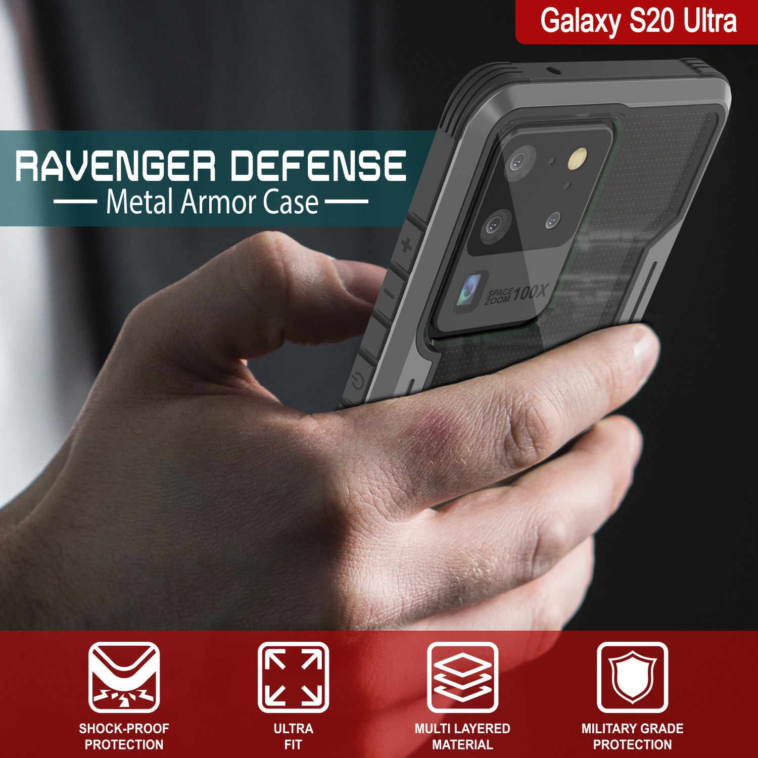 Punkcase S20 Ultra ravenger Case Protective Military Grade Multilayer Cover [Grey-Black] (Color in image: Red)