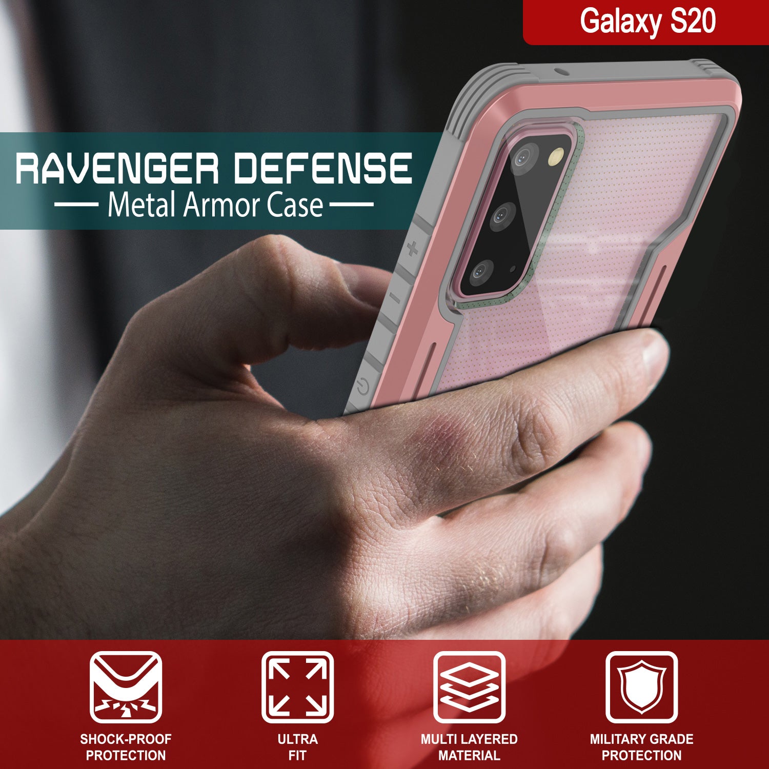 Punkcase S20 ravenger Case Protective Military Grade Multilayer Cover [Rose-Gold] (Color in image: Black)