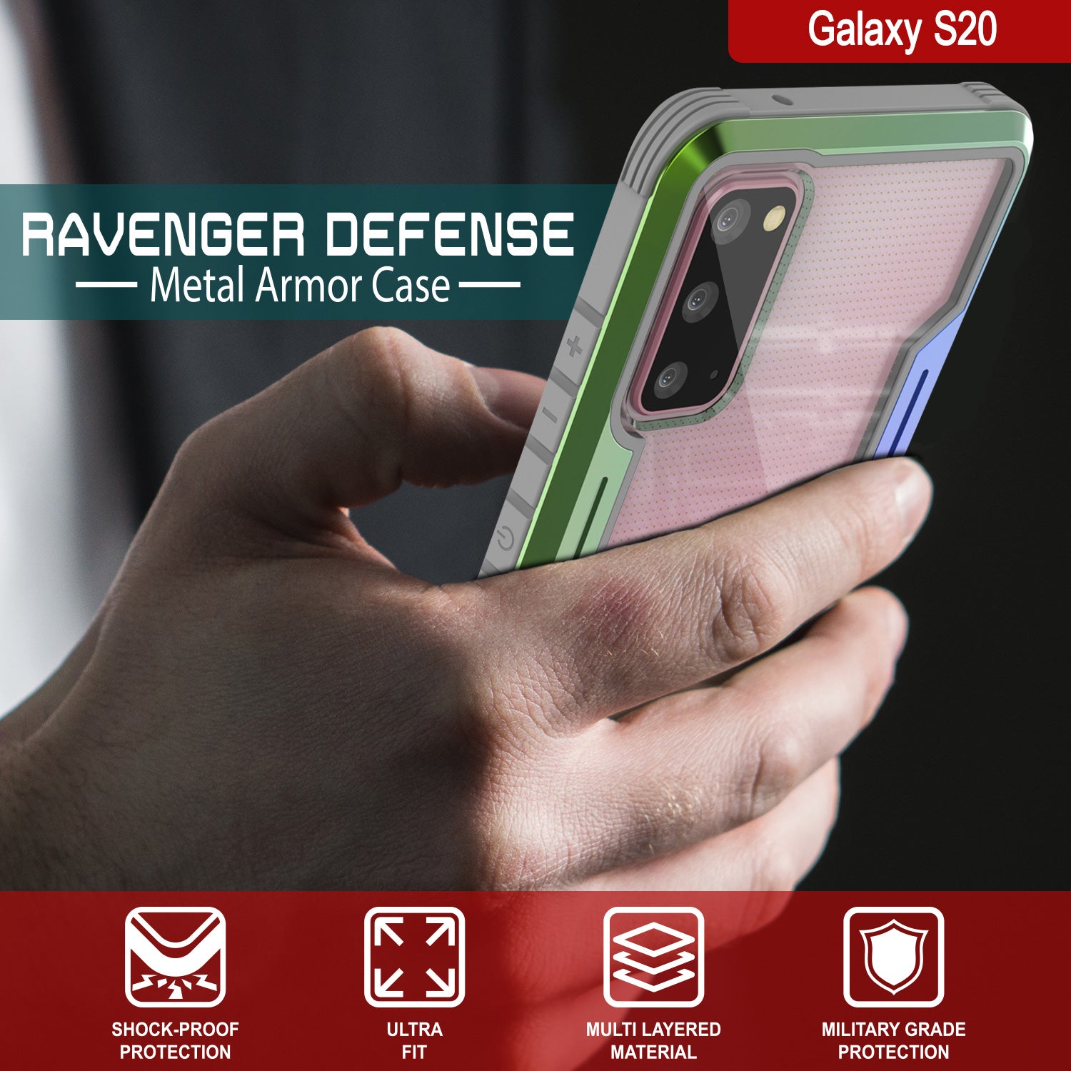 Punkcase S20 ravenger Case Protective Military Grade Multilayer Cover [Rainbow] (Color in image: Red)