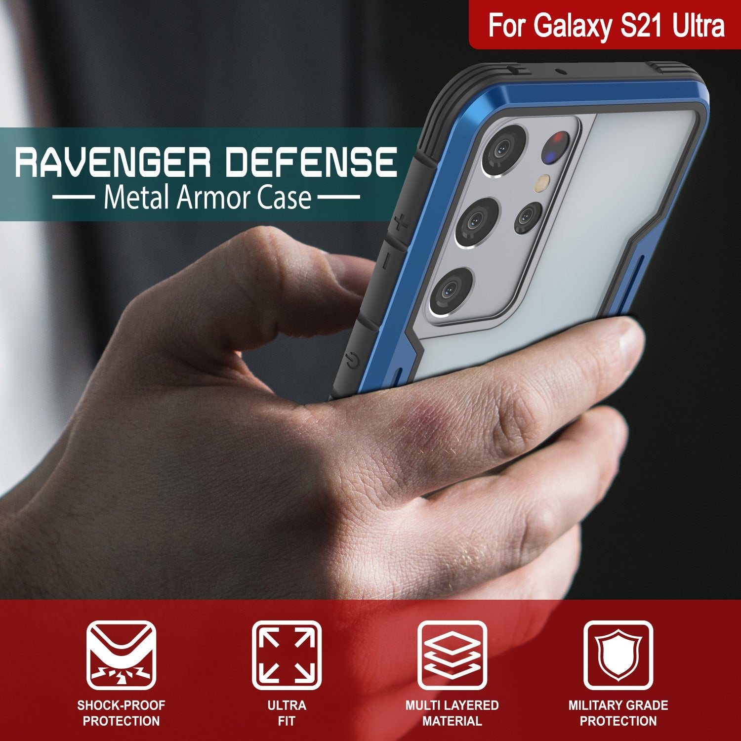 Punkcase S21 Ultra ravenger Case Protective Military Grade Multilayer Cover [Blue] (Color in image: Grey-Black)