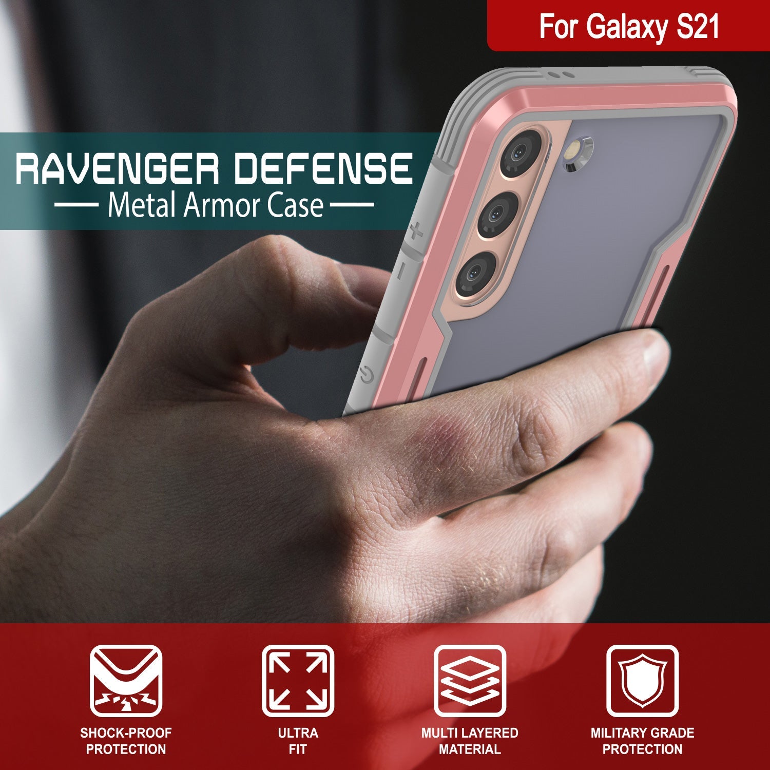 Punkcase S21 ravenger Case Protective Military Grade Multilayer Cover [Rose-Gold] (Color in image: Black)