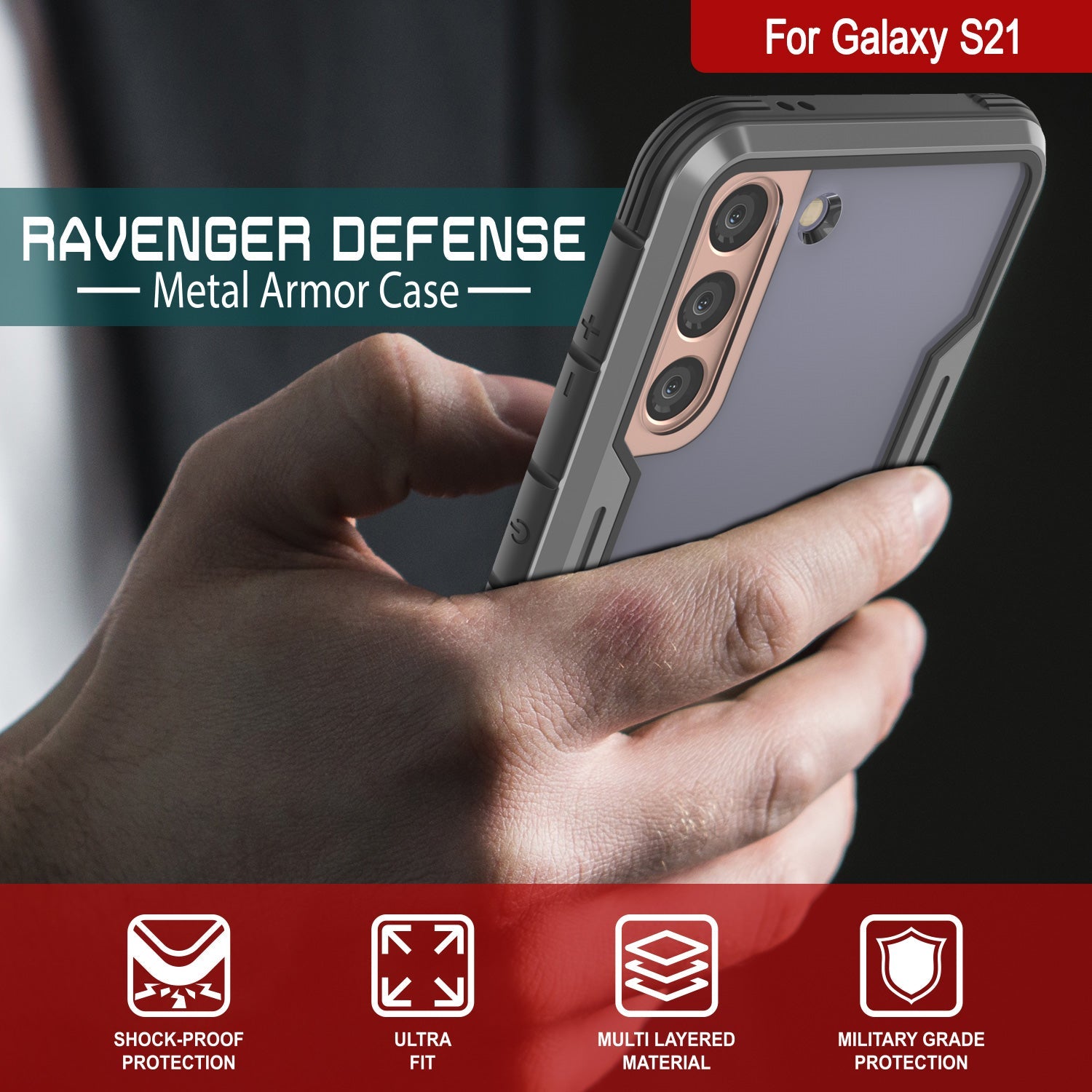 Punkcase S21 ravenger Case Protective Military Grade Multilayer Cover [Grey-Black] (Color in image: Red)