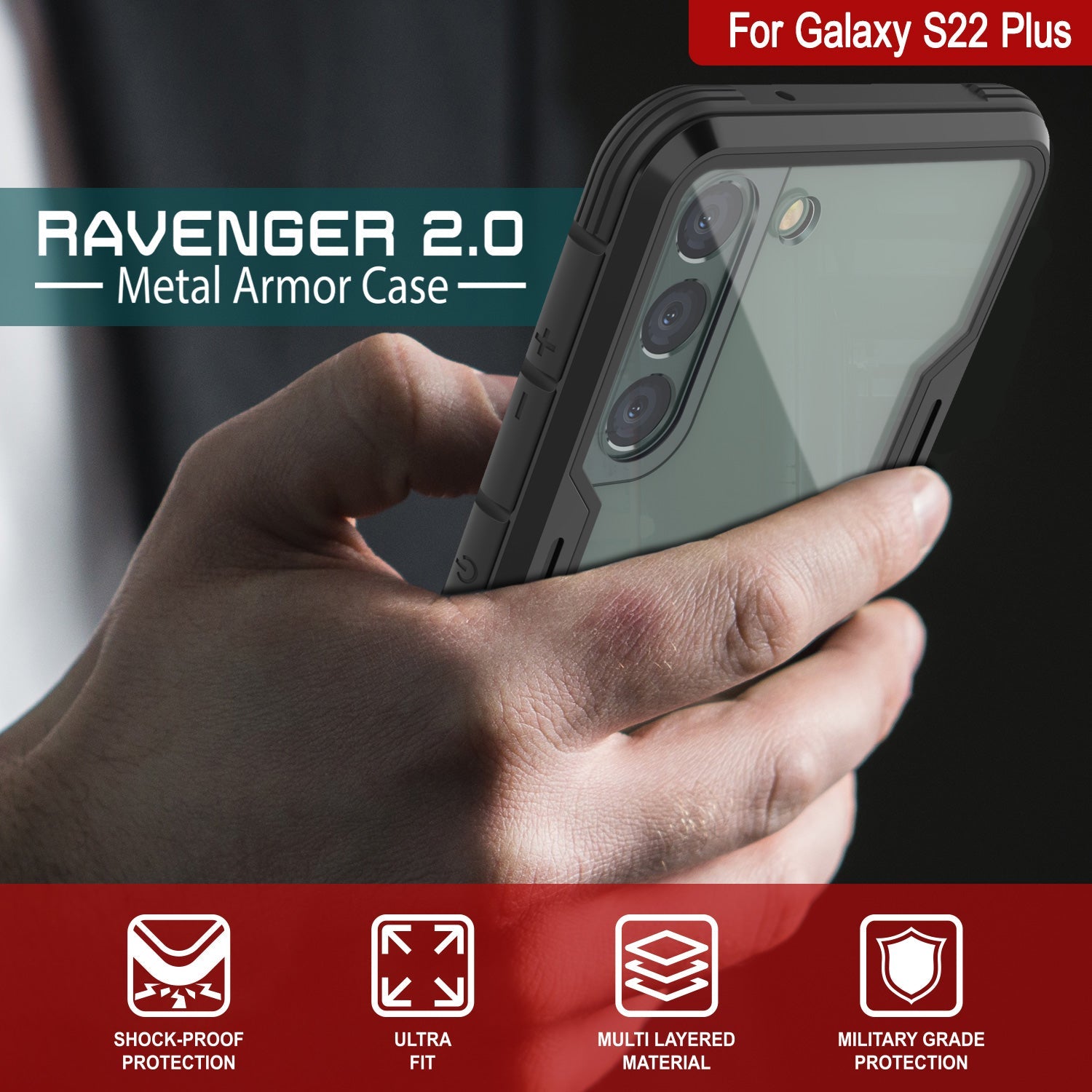 Punkcase S22+ Plus ravenger Case Protective Military Grade Multilayer Cover [Black] (Color in image: Grey-Black)