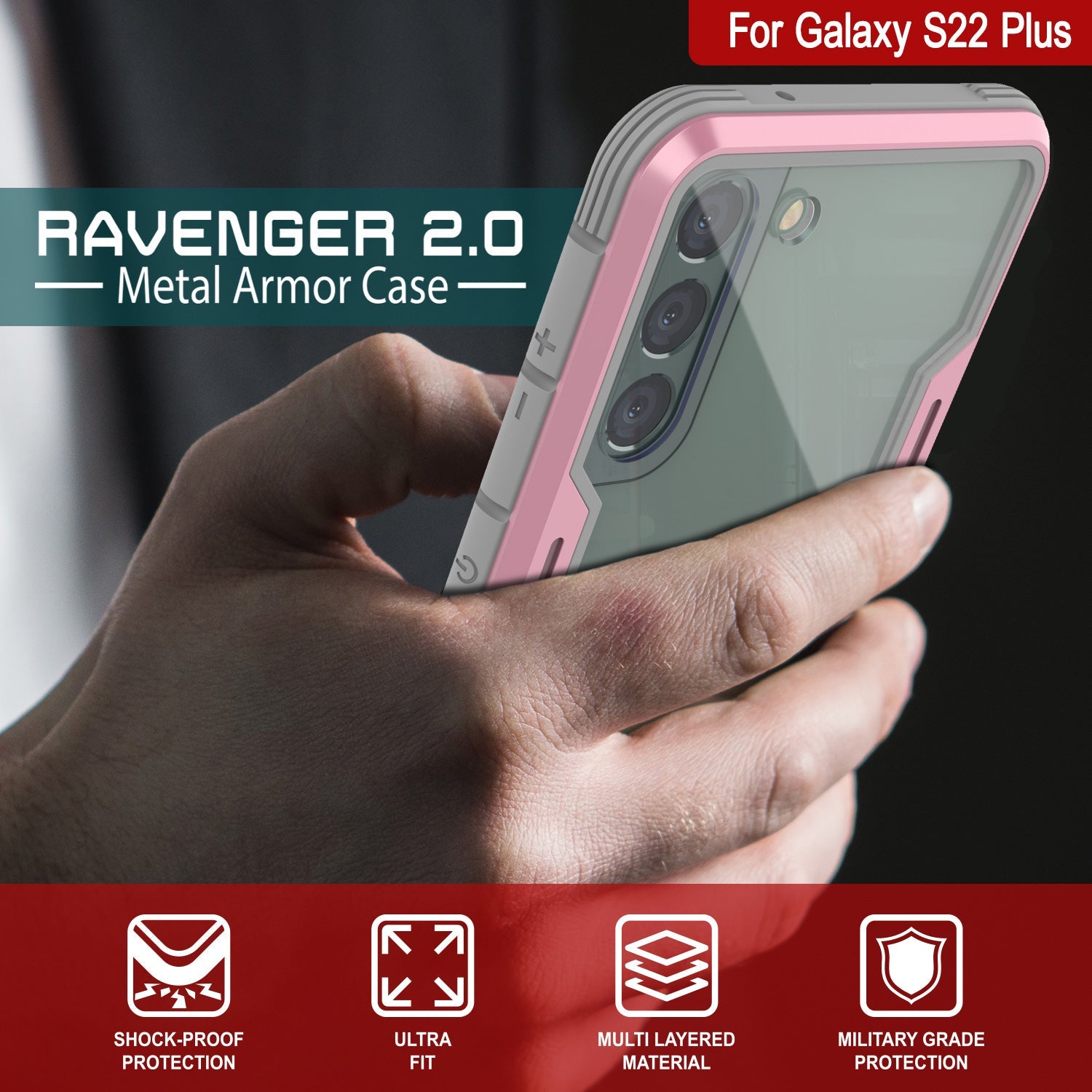 Punkcase S22+ Plus ravenger Case Protective Military Grade Multilayer Cover [Rose-Gold] (Color in image: Black)