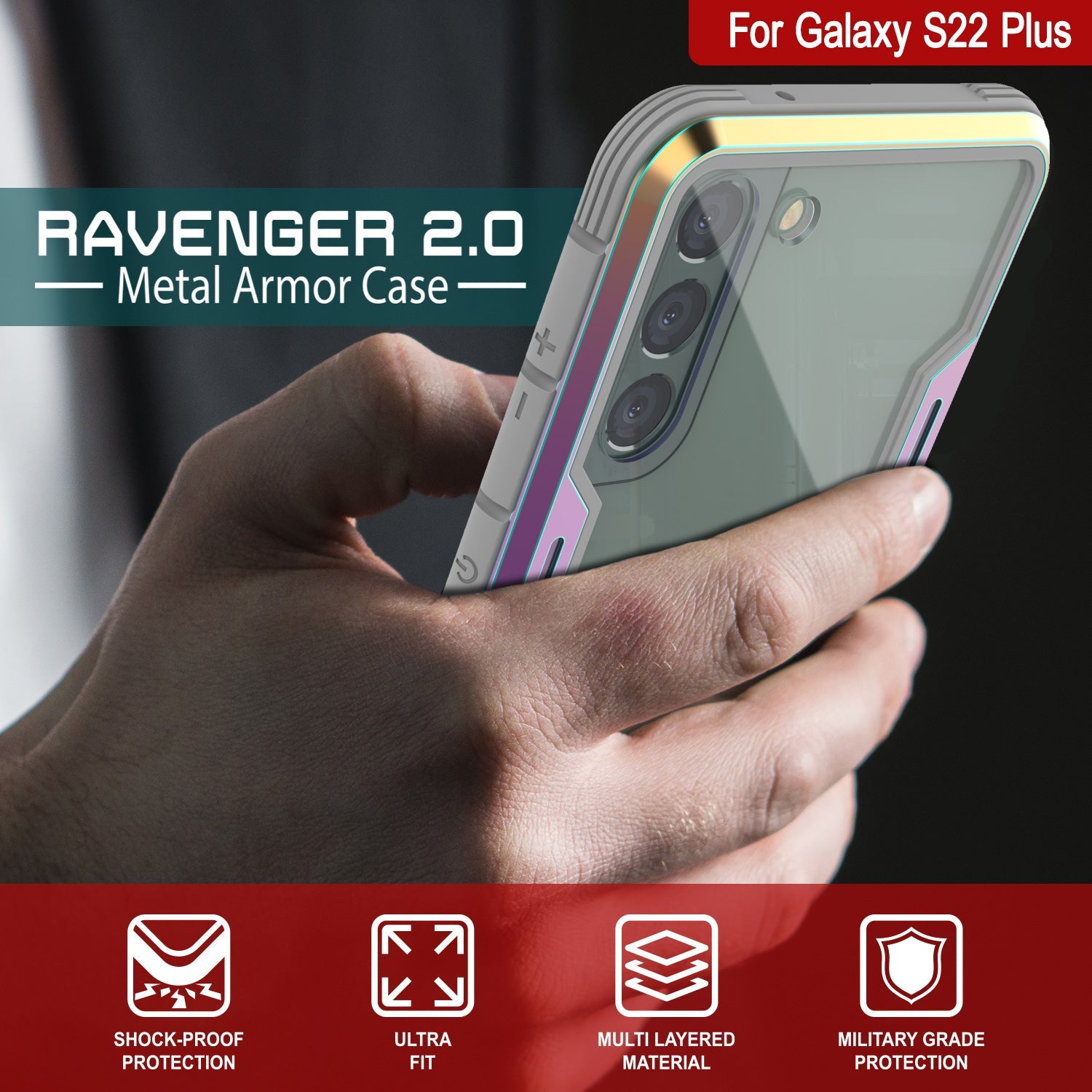 Punkcase S22+ Plus ravenger Case Protective Military Grade Multilayer Cover [Rainbow] (Color in image: Red)