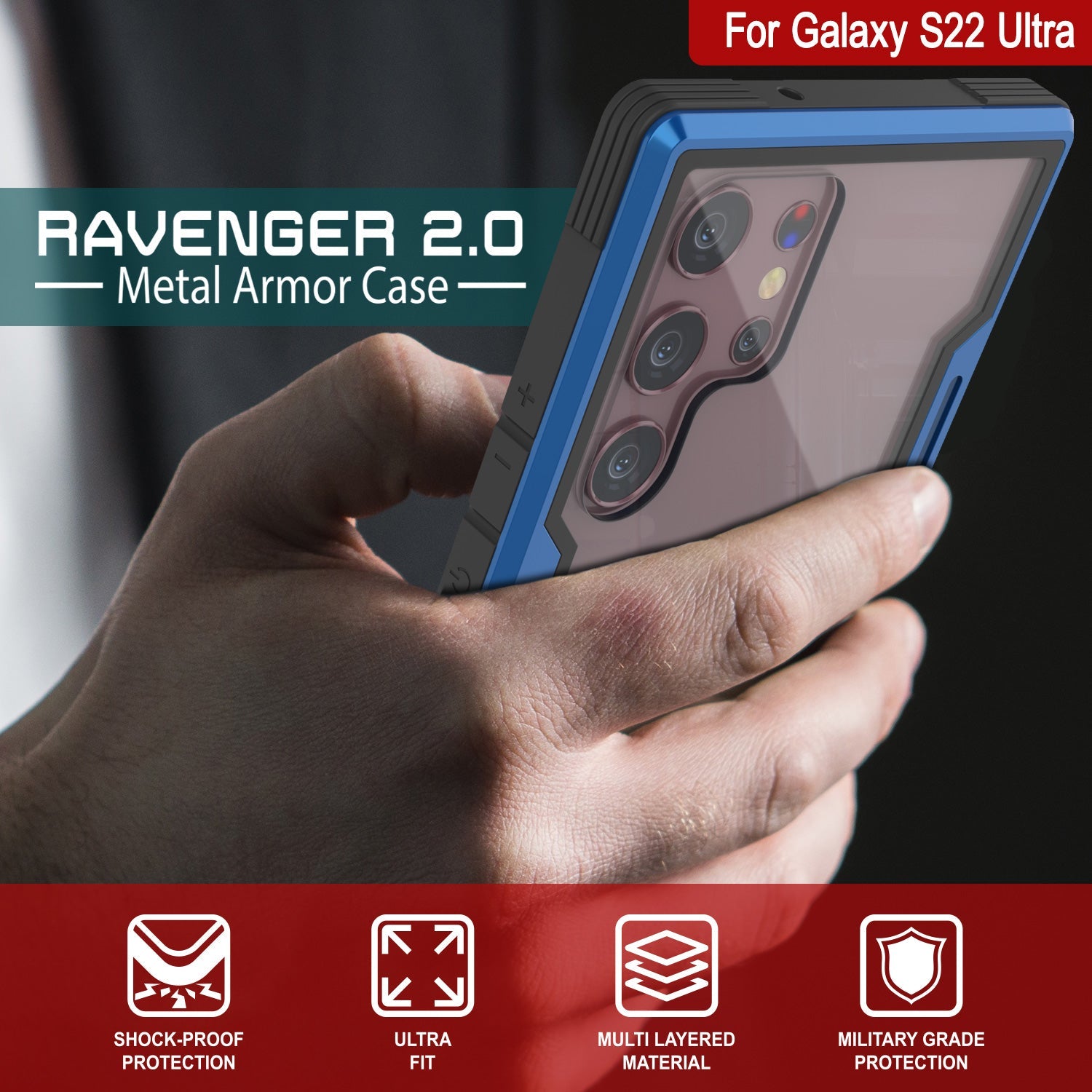 Punkcase S22 Ultra ravenger Case Protective Military Grade Multilayer Cover [Navy Blue] (Color in image: Grey-Black)