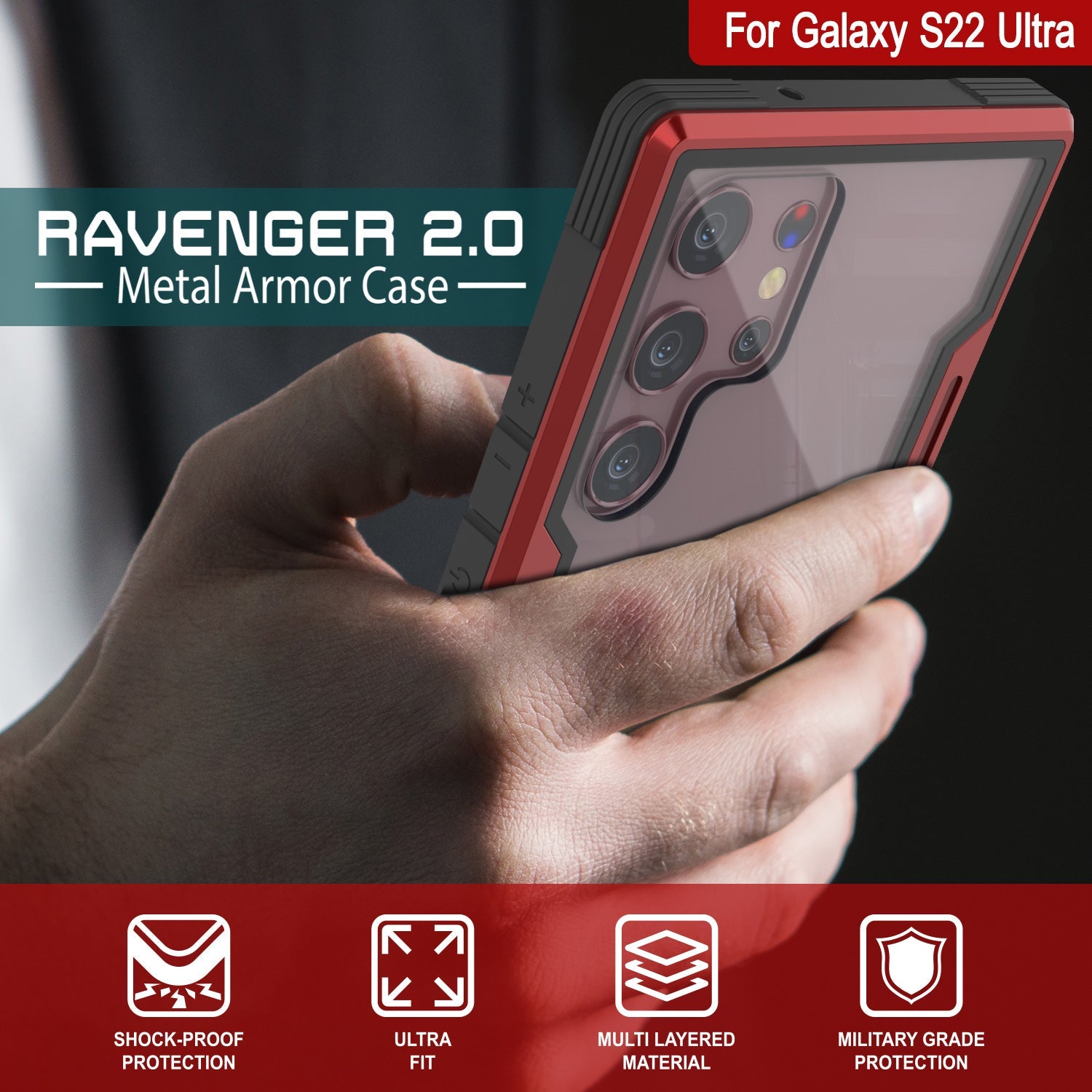 Punkcase S22 Ultra ravenger Case Protective Military Grade Multilayer Cover [Red] (Color in image: Black)