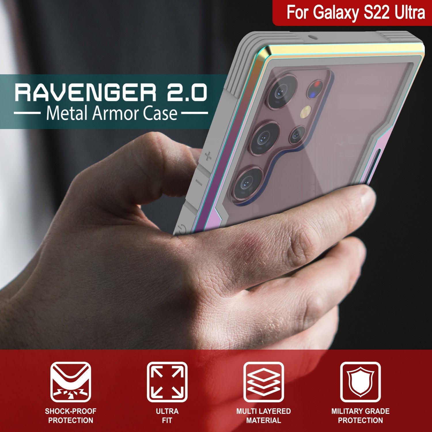 Punkcase S22 Ultra ravenger Case Protective Military Grade Multilayer Cover [Rainbow] (Color in image: Red)