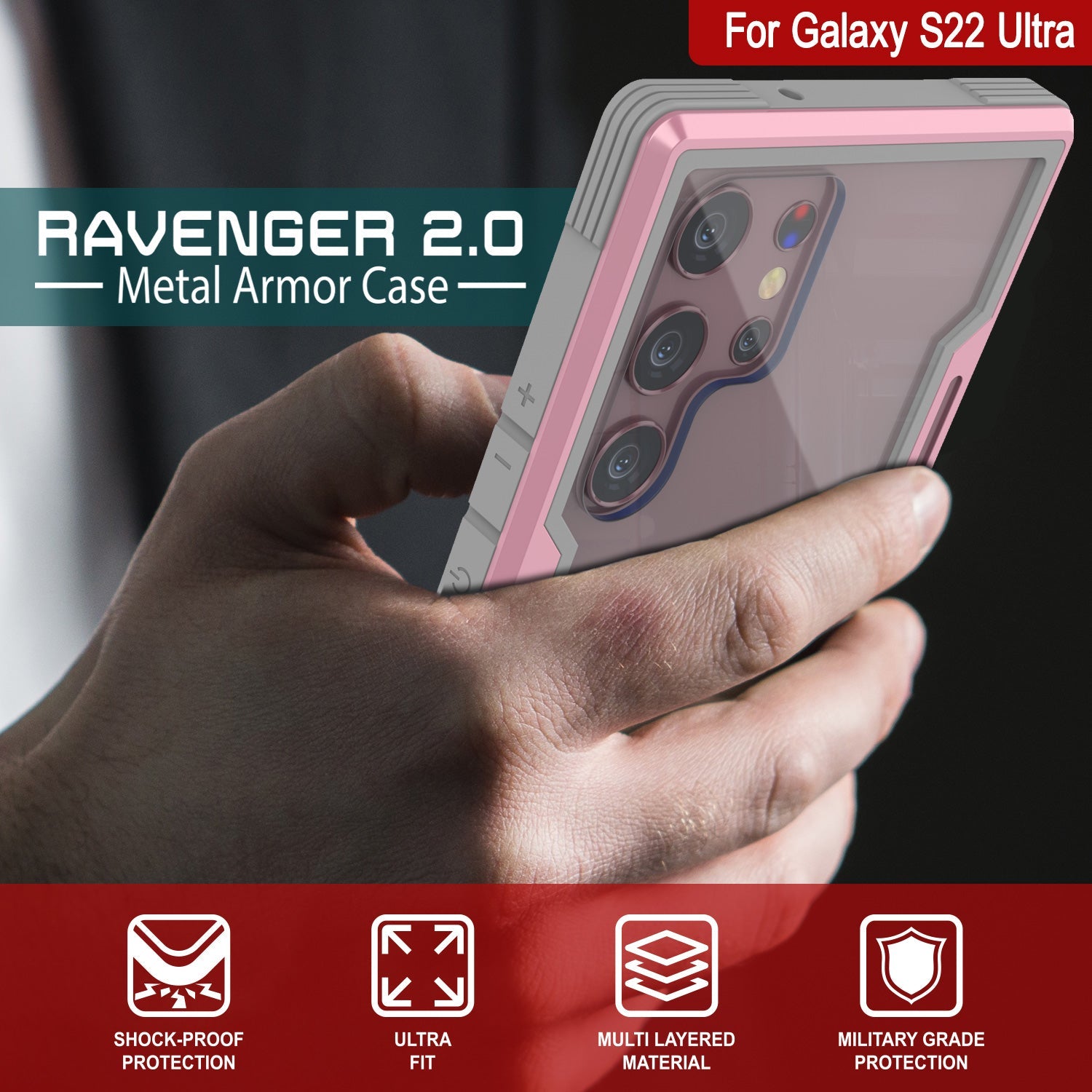 Punkcase S22 Ultra ravenger Case Protective Military Grade Multilayer Cover [Rose-Gold] (Color in image: Black)