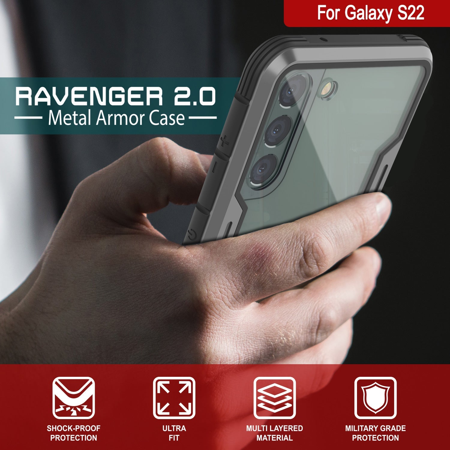 Punkcase S22 ravenger Case Protective Military Grade Multilayer Cover [Grey-Black] (Color in image: Red)