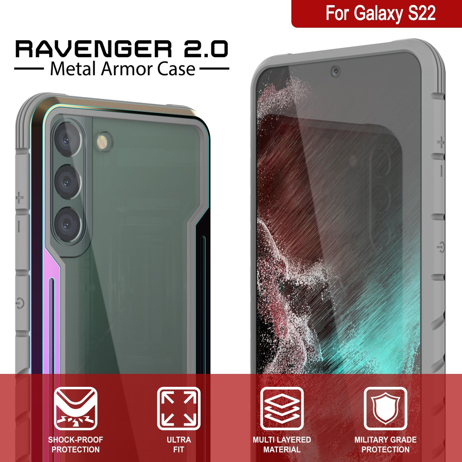 Punkcase S22 ravenger Case Protective Military Grade Multilayer Cover [Rainbow] (Color in image: Black)