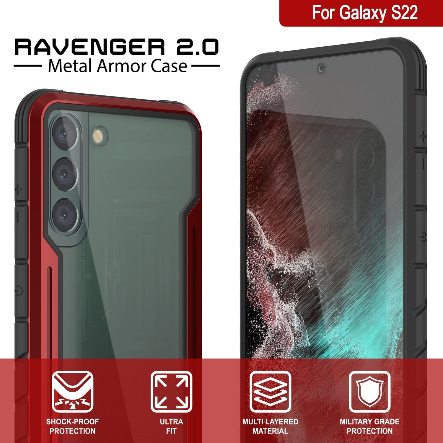 Punkcase S22 ravenger Case Protective Military Grade Multilayer Cover [Red] (Color in image: Grey-Black)