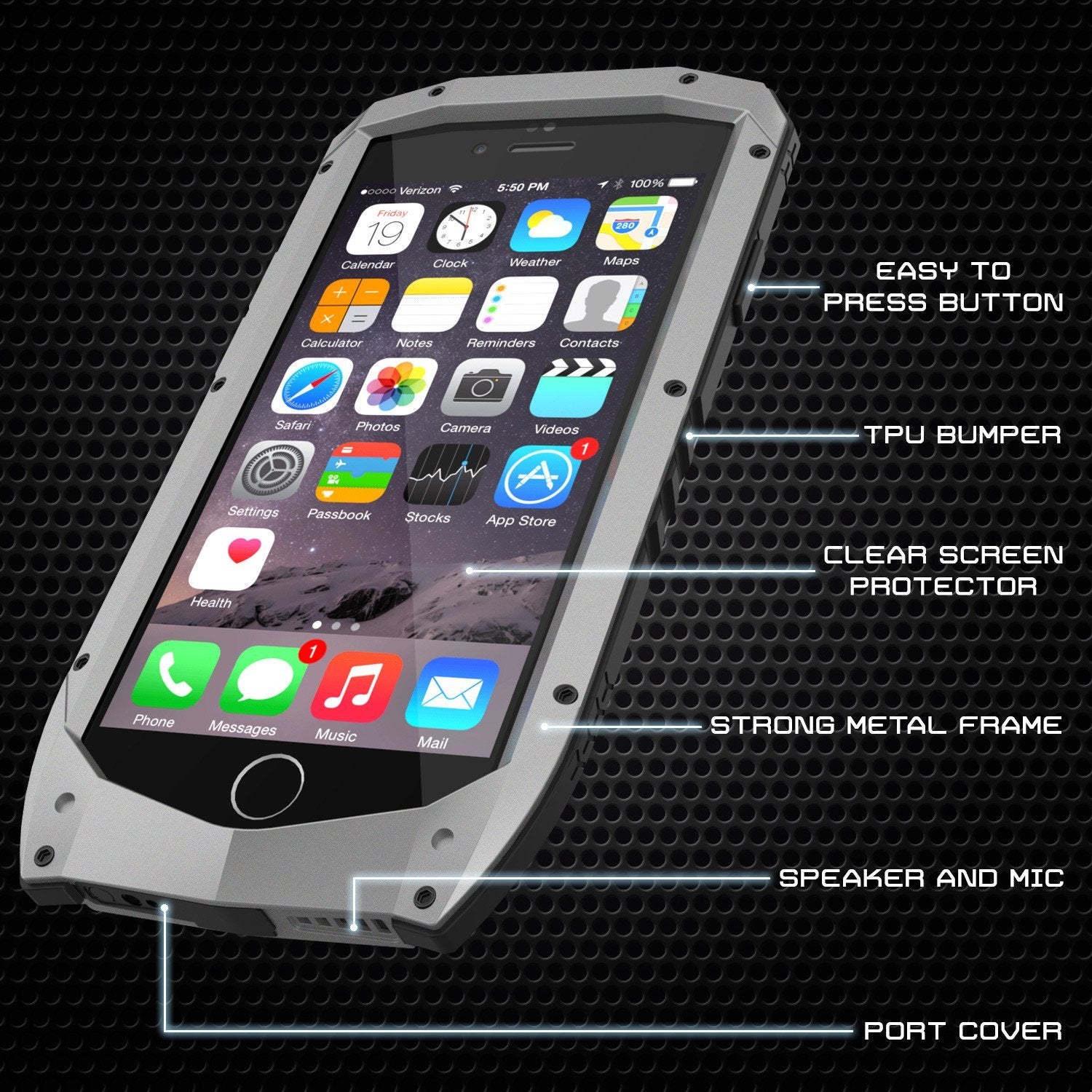 iPhone 6s/6 Case, Punkcase Metallic PRO Silver Series Cover W/ Attached Screen Protector | Touch-ID (Color in image: Black)