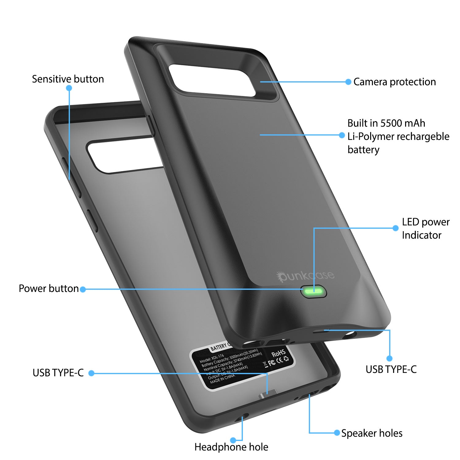 Galaxy Note 8 Battery Case, Punkcase 5000mAH Charger Case W/ Screen Protector | Integrated USB Port | IntelSwitch [Black] 