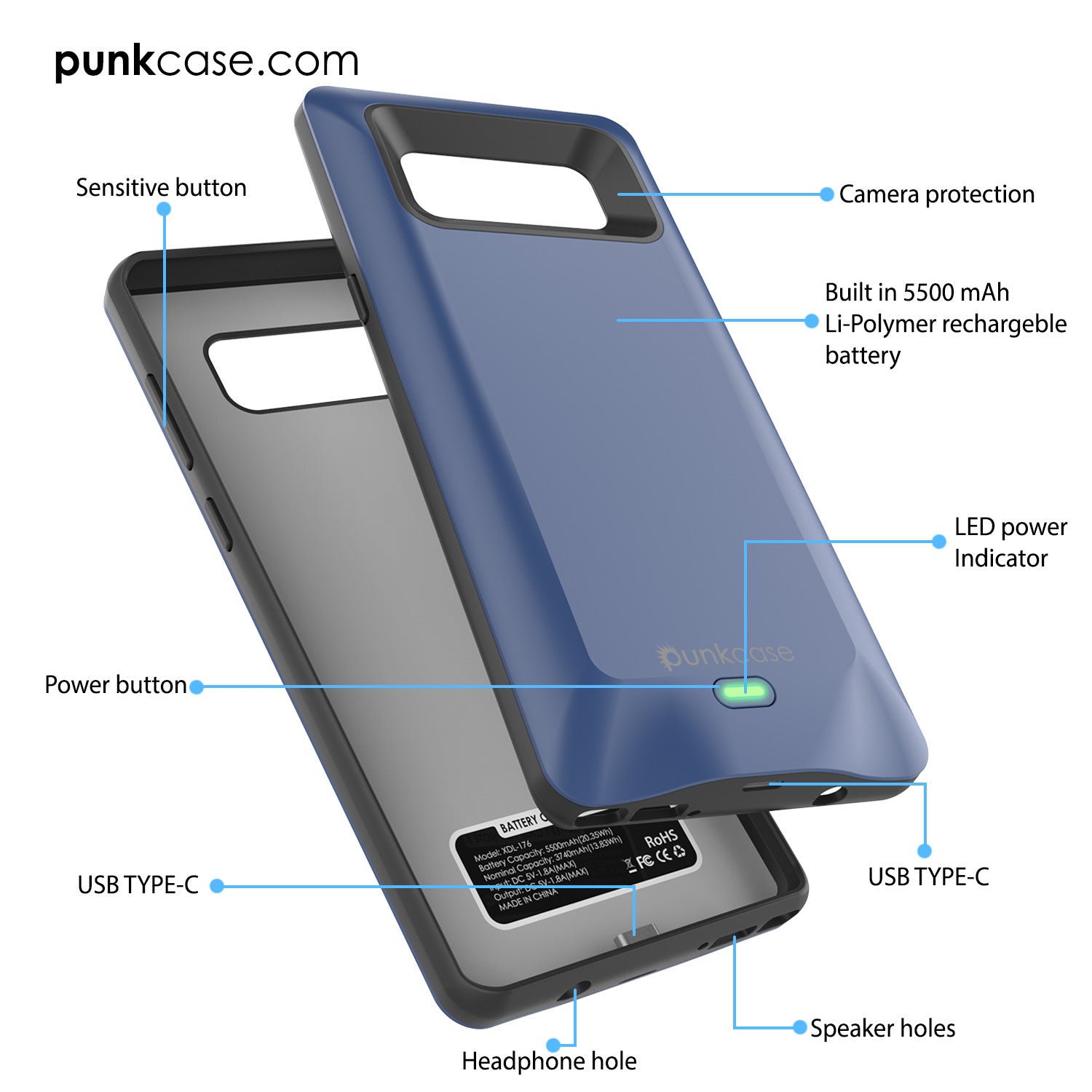 Capa de bateria Galaxy Note 8, Punkcase 5000mAh Case Carregador c/ Protetor de Tela | Porta USB Integrada | IntelSwitch [Vermelho]