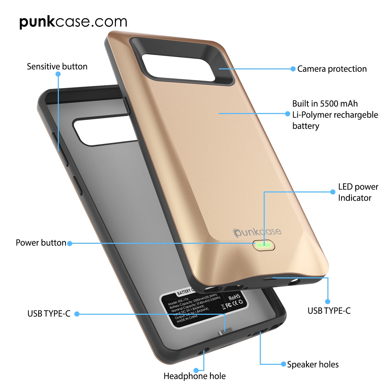 Capa de bateria Galaxy Note 8, Punkcase 5000mAh Case Carregador c/ Protetor de Tela | Porta USB Integrada | IntelSwitch [Vermelho]
