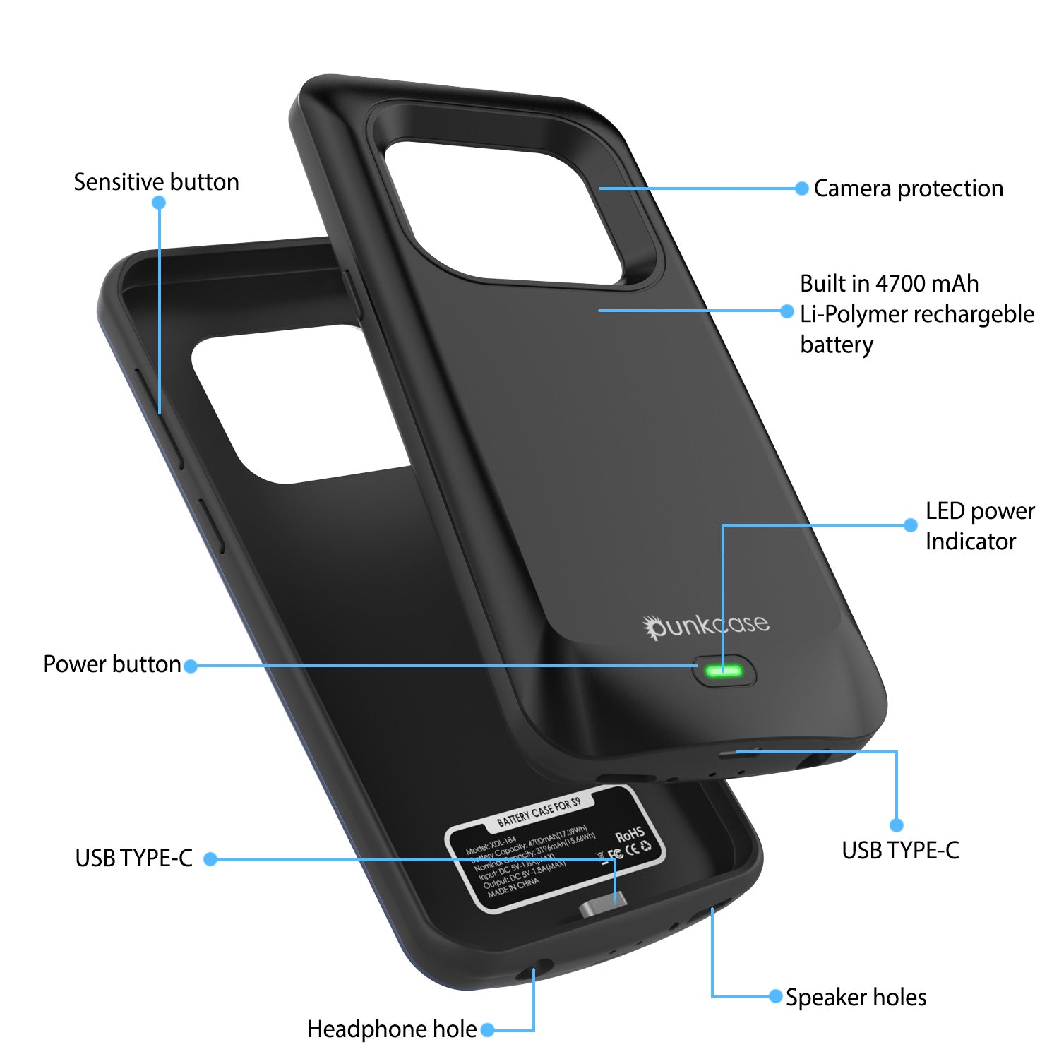 Capa de bateria Galaxy S9, PunkJuice 5000mAH Carregador rápido Power Bank com Protetor de Tela | Porta USB Integrada | IntelSwitch | Fino, Seguro e Confiável | Adequado para Samsung Galaxy S9 [Preto]