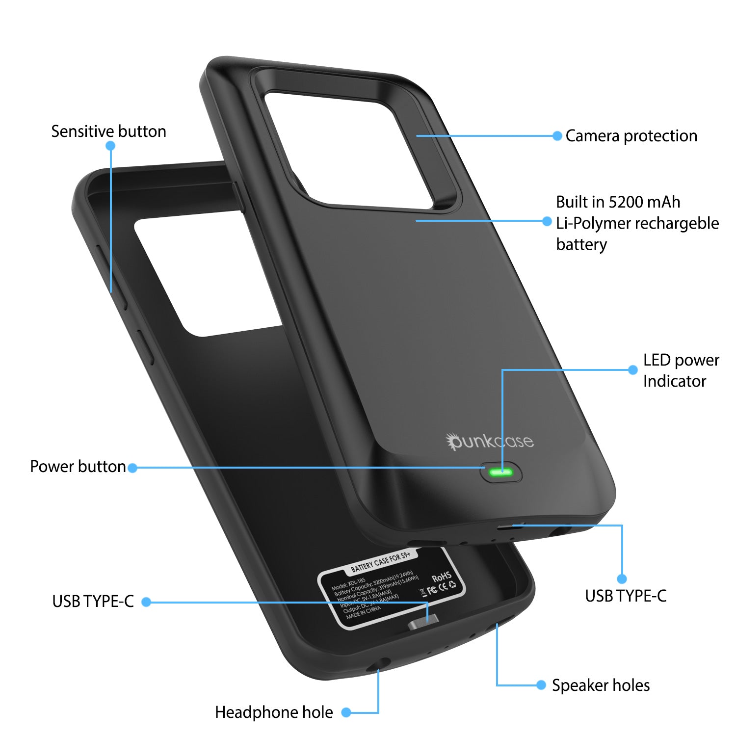Galaxy S9 PLUS Battery Case, PunkJuice 5000mAH Fast Charging Power Bank W/ Screen Protector | Integrated USB Port | IntelSwitch | Slim, Secure and Reliable | Suitable for Samsung Galaxy S9+ [Black] (Color in image: Navy)