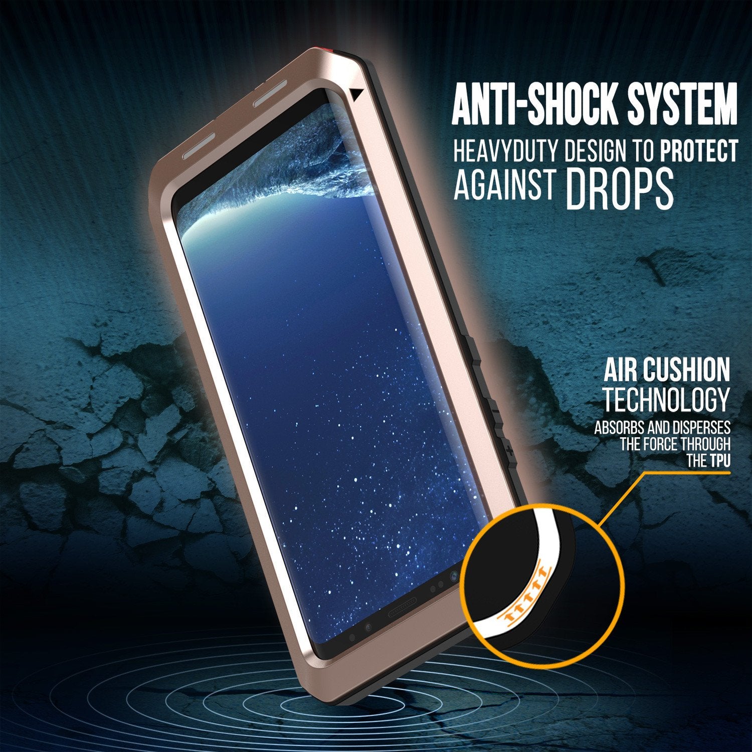 ANTI-SHOCK SYSTEM HEAVYDUTY DESIGN TO PROTECT AGAINST DROPS AIR CUSHION TECHNOLOGY ABSORBS AND DISPERSES THE FORCE THROUGH THE TPI" (Color in image: red)