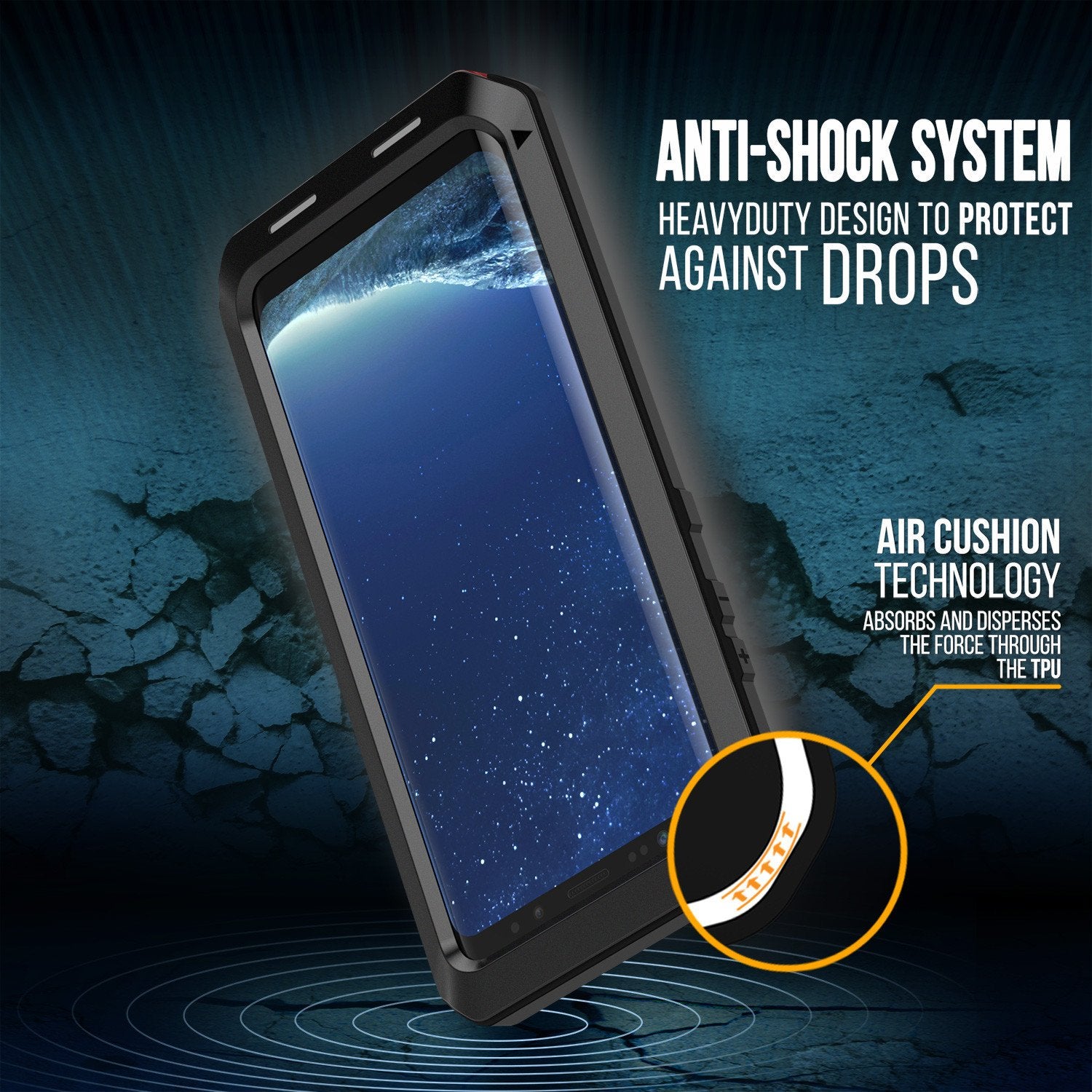 ANTI-SHOCK SYSTEM HEAVYDUTY DESIGN TO PROTECT AGAINST DROPS AIR CUSHION TECHNOLOGY ABSORBS AND DISPERSES THE FORCE THROUGH THE TPI (Color in image: red)