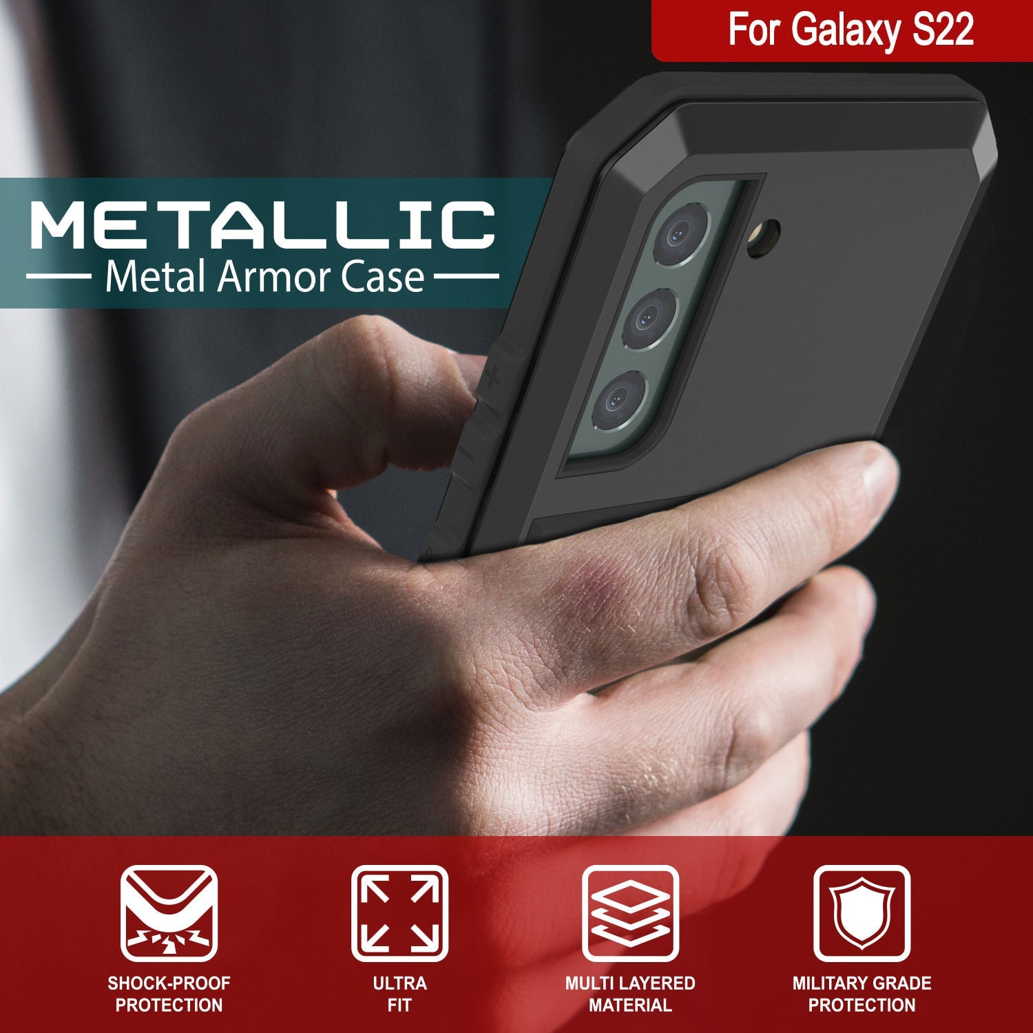Capa de Metal Galaxy S22, design resistente de grau militar, cobertura de proteção resistente [Preto]