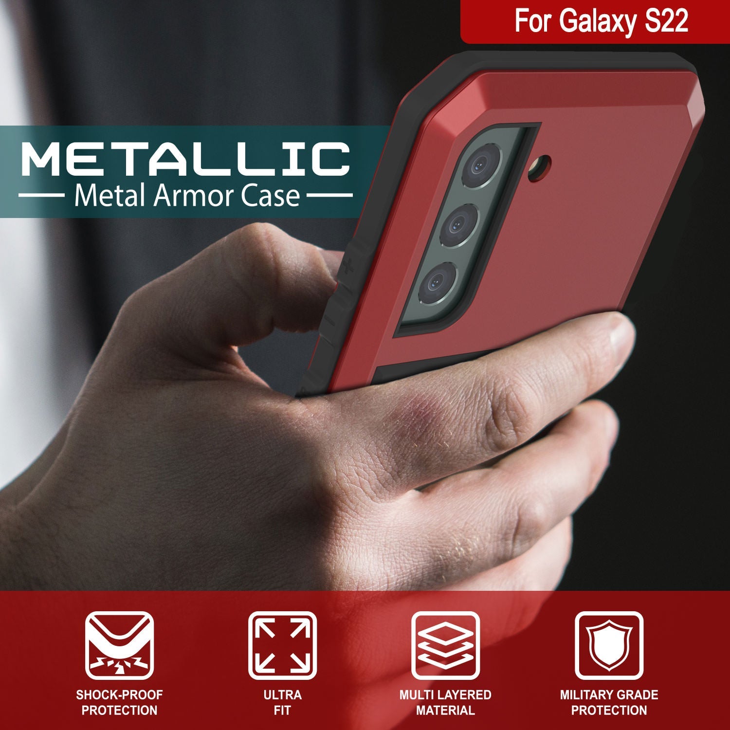 Capa de metal Galaxy S22, capa resistente de armadura robusta de grau militar [Vermelho]