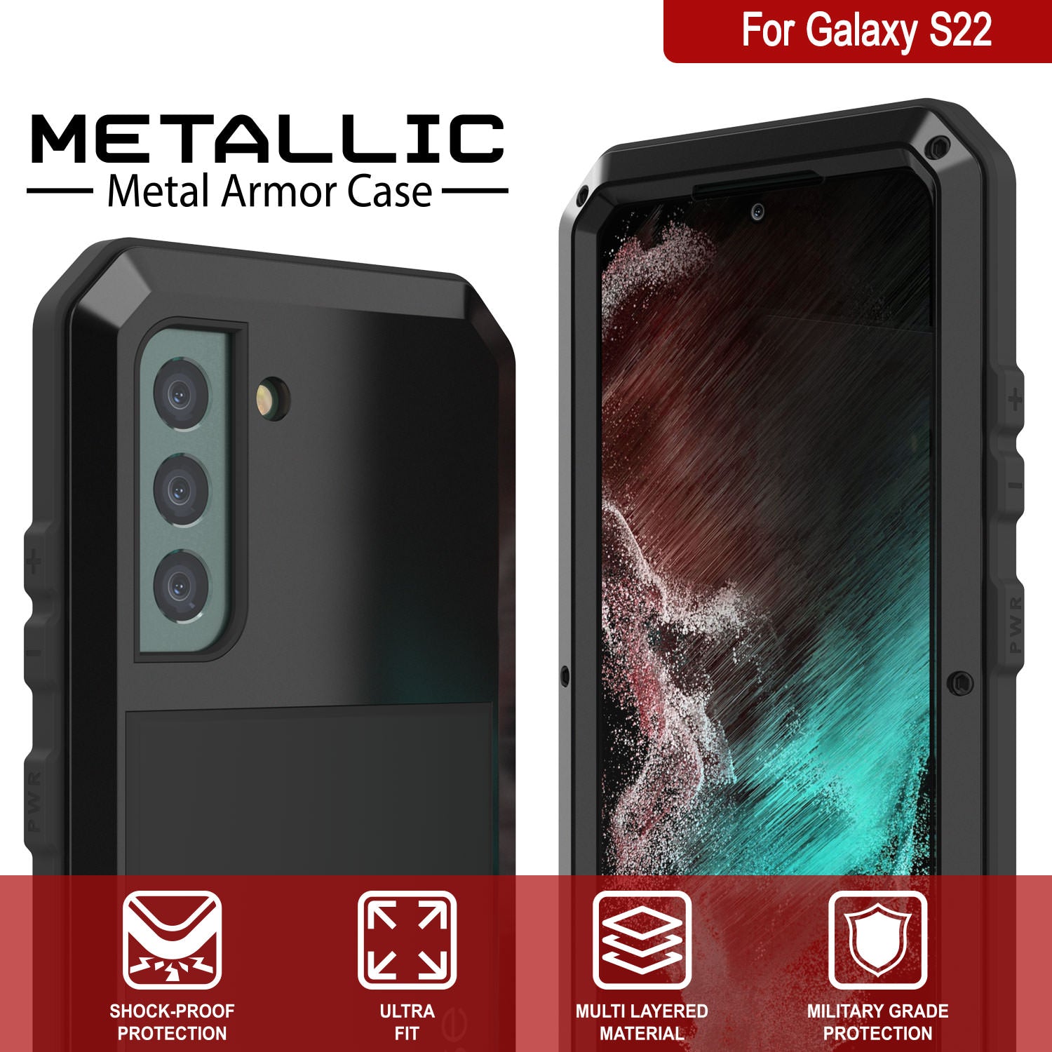 Capa de Metal Galaxy S22, design resistente de grau militar, cobertura de proteção resistente [Preto]
