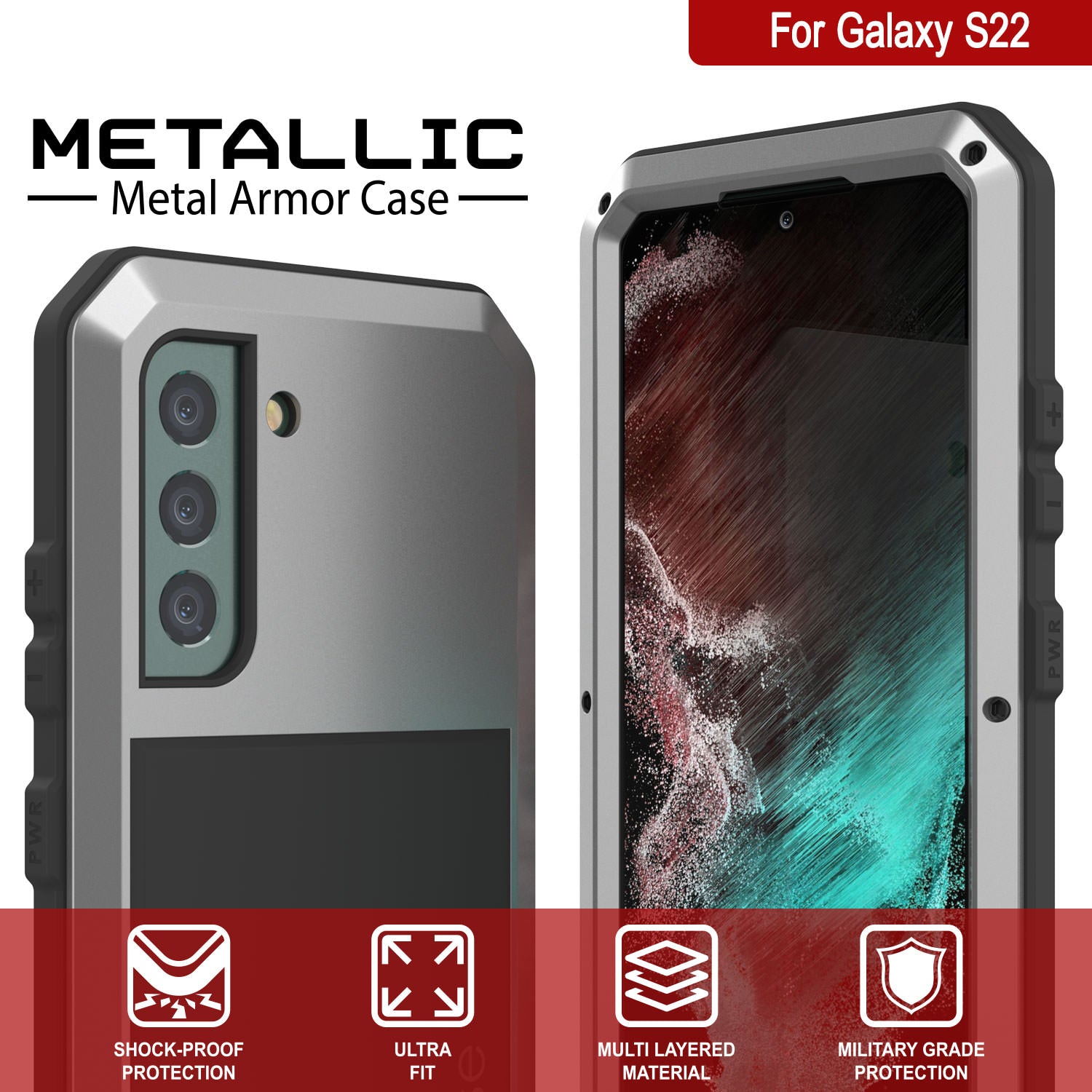 Capa de metal Galaxy S22, resistente de grau militar, robusta [prata]