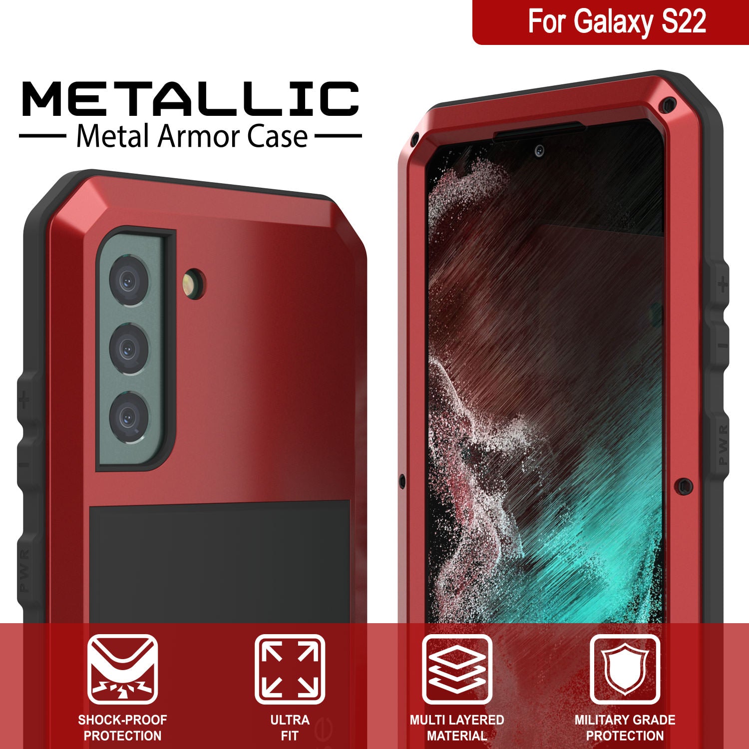 Capa de metal Galaxy S22, capa resistente de armadura robusta de grau militar [Vermelho]