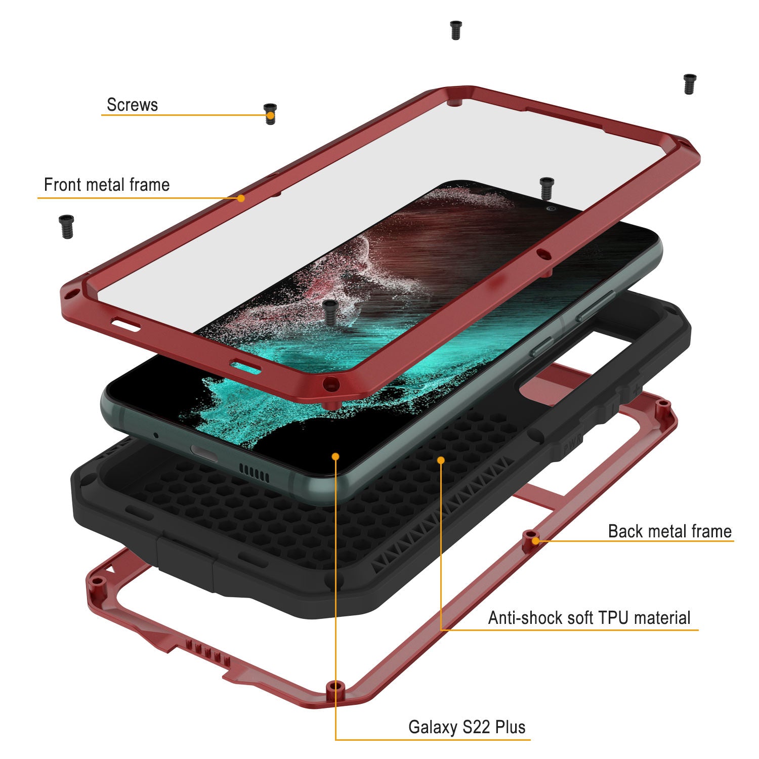 Capa de metal Galaxy S22+ Plus, resistente a militares de alta resistência Armor Cover [Vermelho]