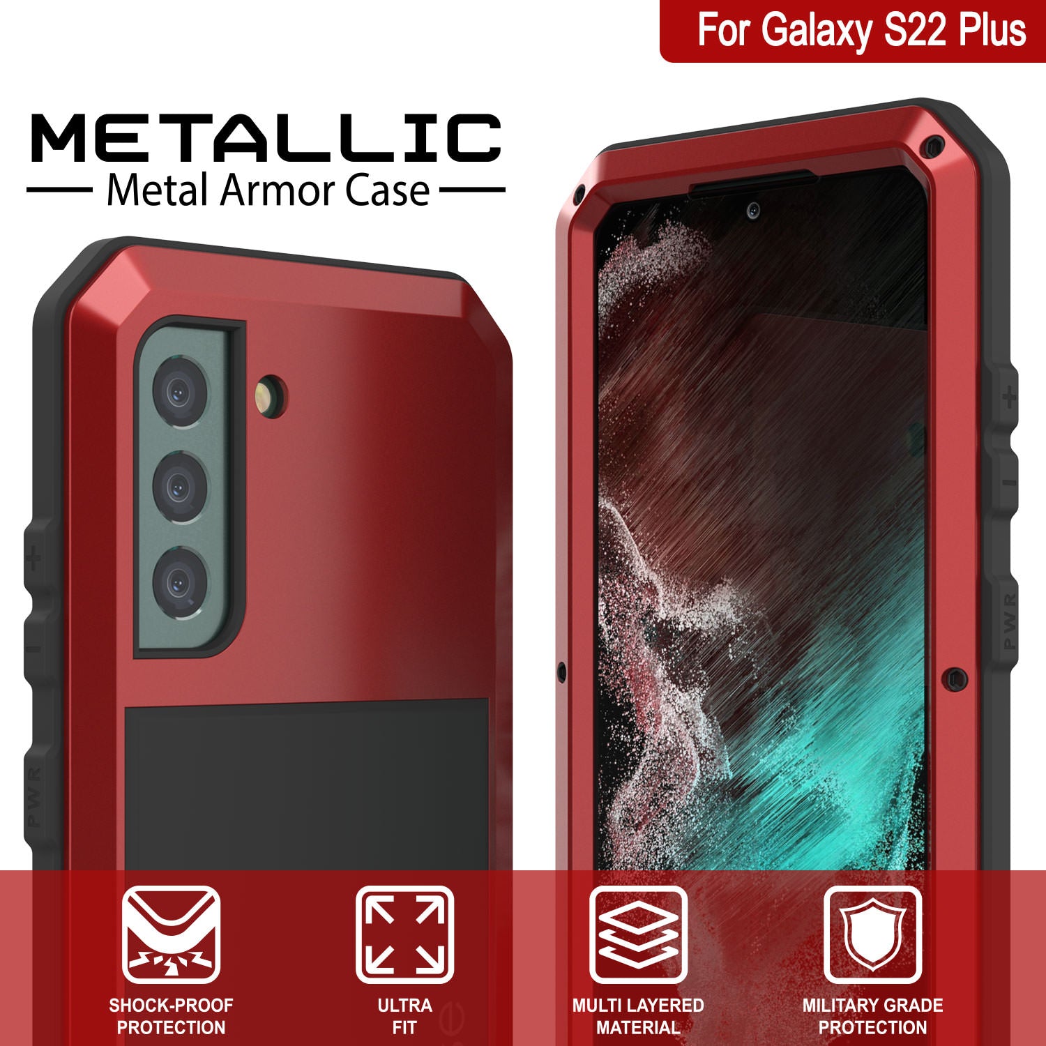 Capa de metal Galaxy S22+ Plus, resistente a militares de alta resistência Armor Cover [Vermelho]