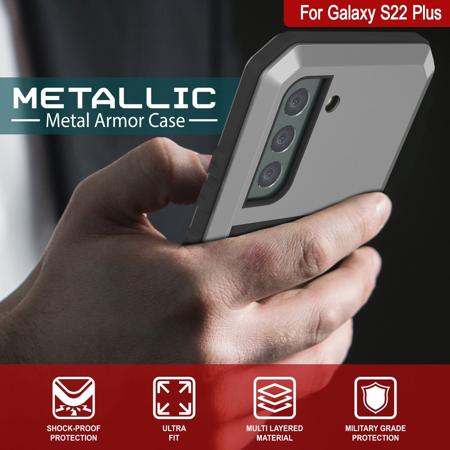 Capa de metal Galaxy S22+ Plus, capa resistente de armadura militar de grau pesado [Prateado]