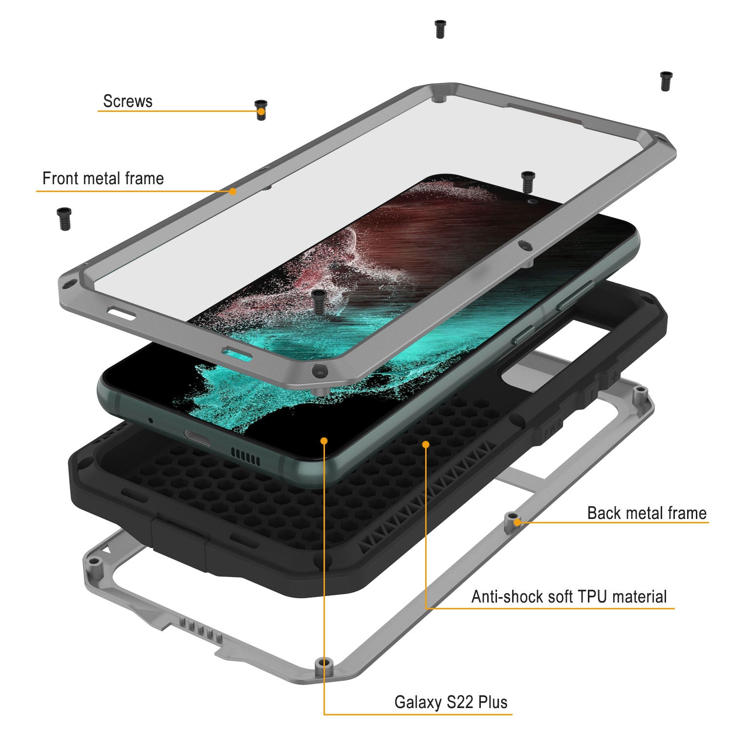 Capa de metal Galaxy S22+ Plus, capa resistente de armadura militar de grau pesado [Prateado]