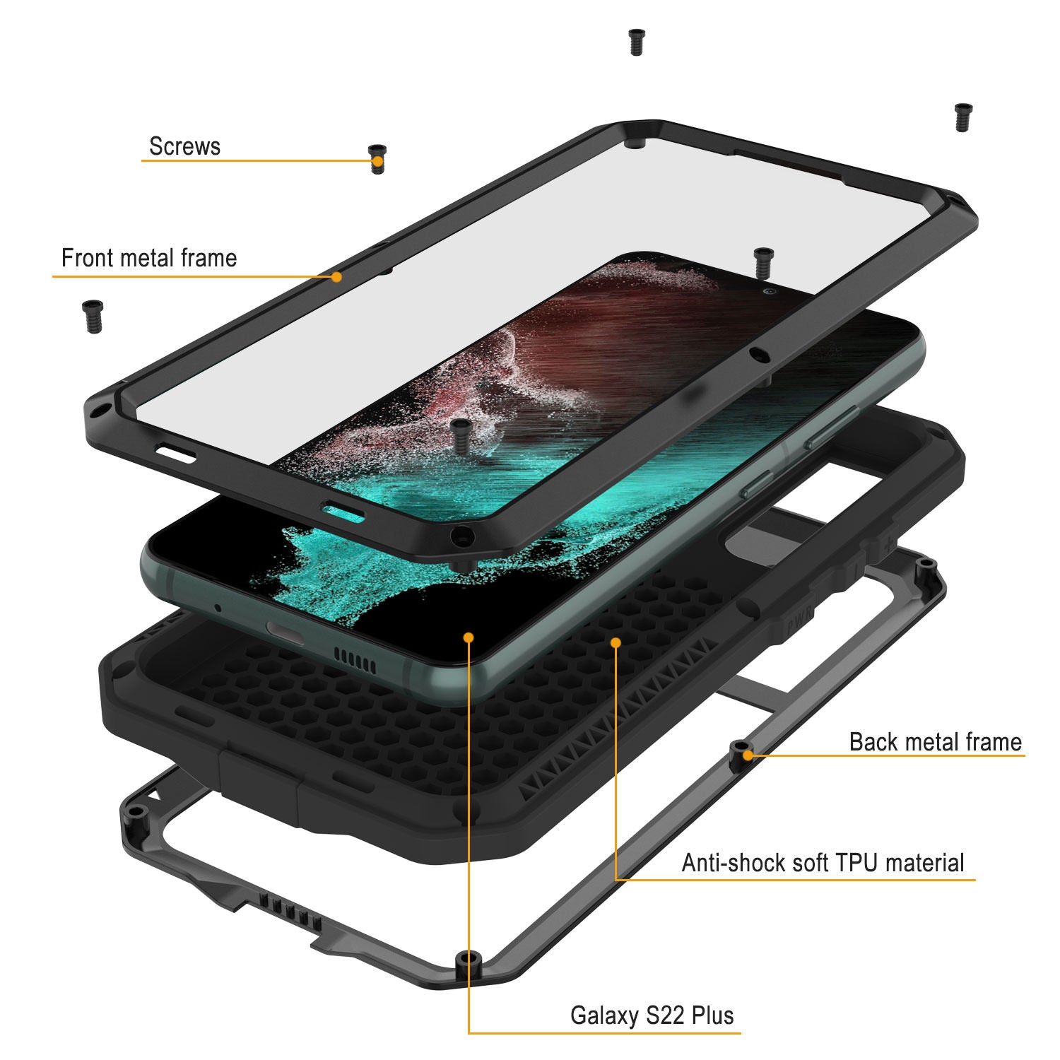 Capa de metal Galaxy S22+ Plus, resistente de grau militar e pesada cobertura de armadura robusta [Preto]