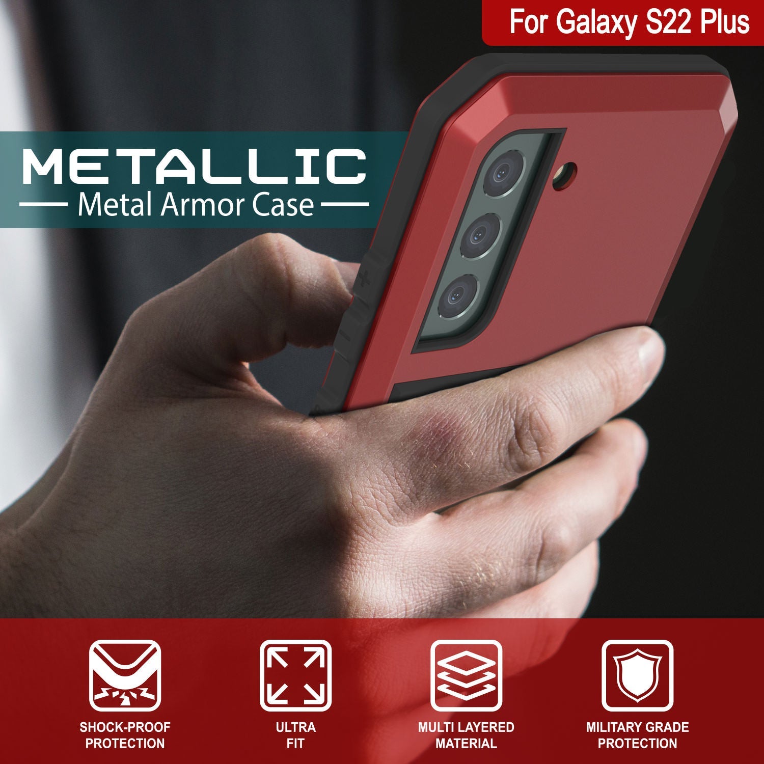 Capa de metal Galaxy S22+ Plus, resistente a militares de alta resistência Armor Cover [Vermelho]