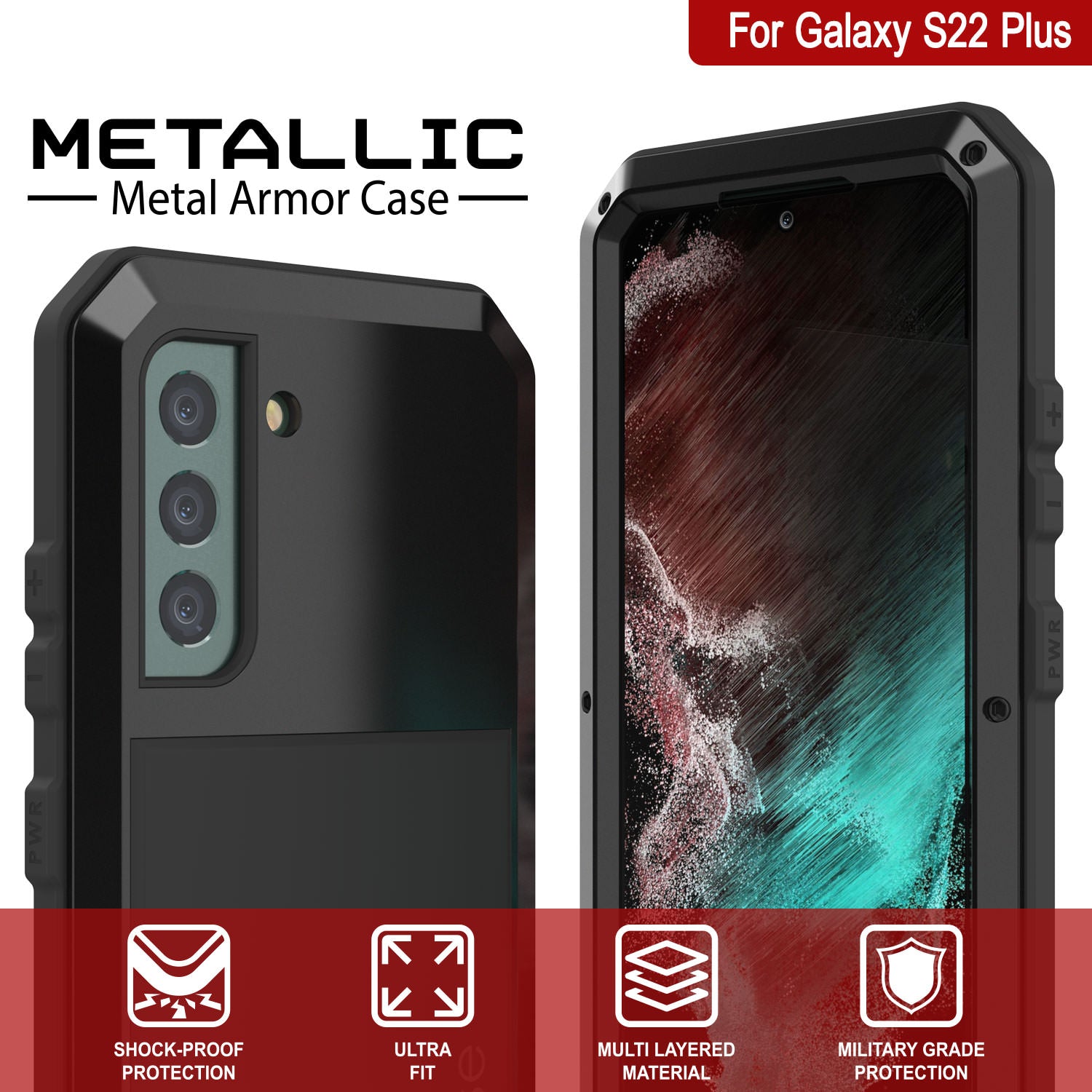 Capa de metal Galaxy S22+ Plus, resistente de grau militar e pesada cobertura de armadura robusta [Preto]