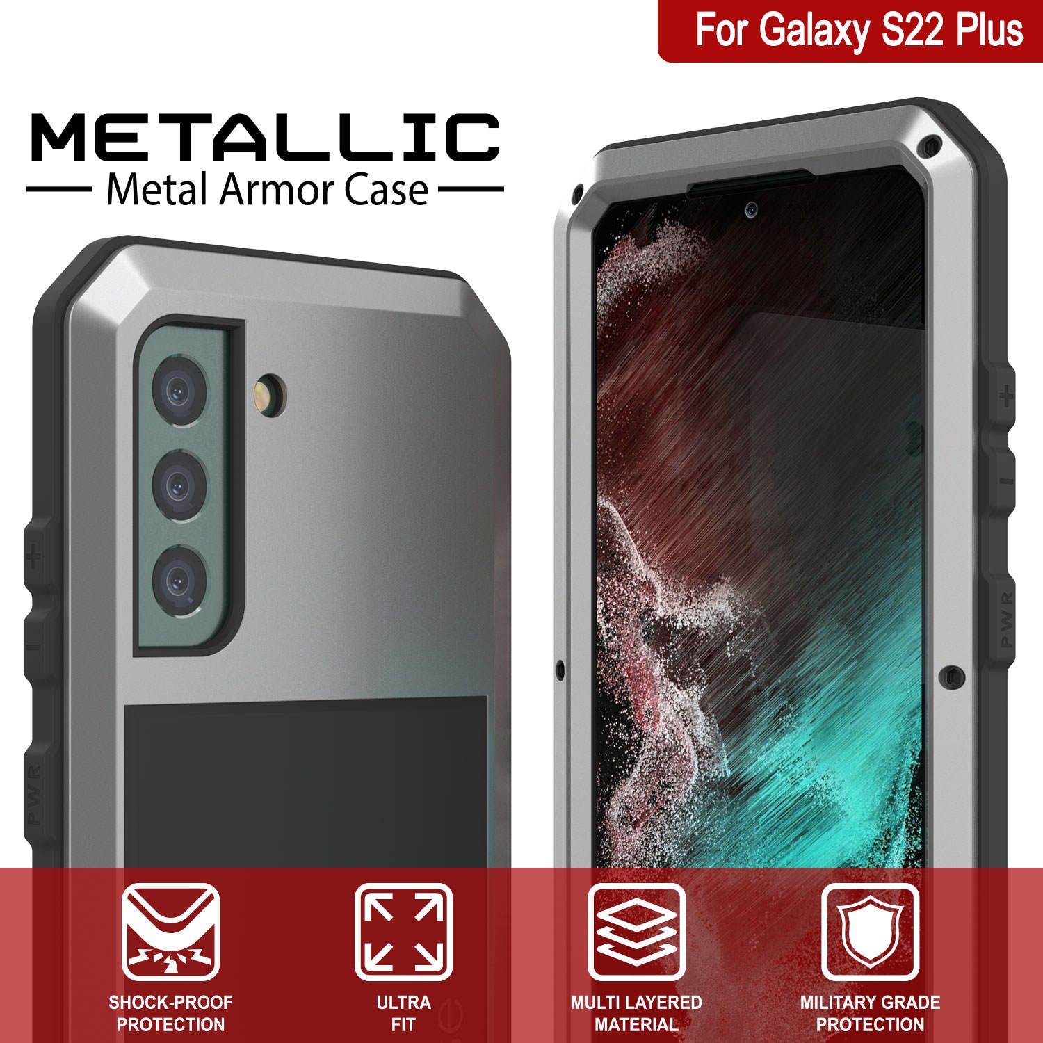 Capa de metal Galaxy S22+ Plus, capa resistente de armadura militar de grau pesado [Prateado]
