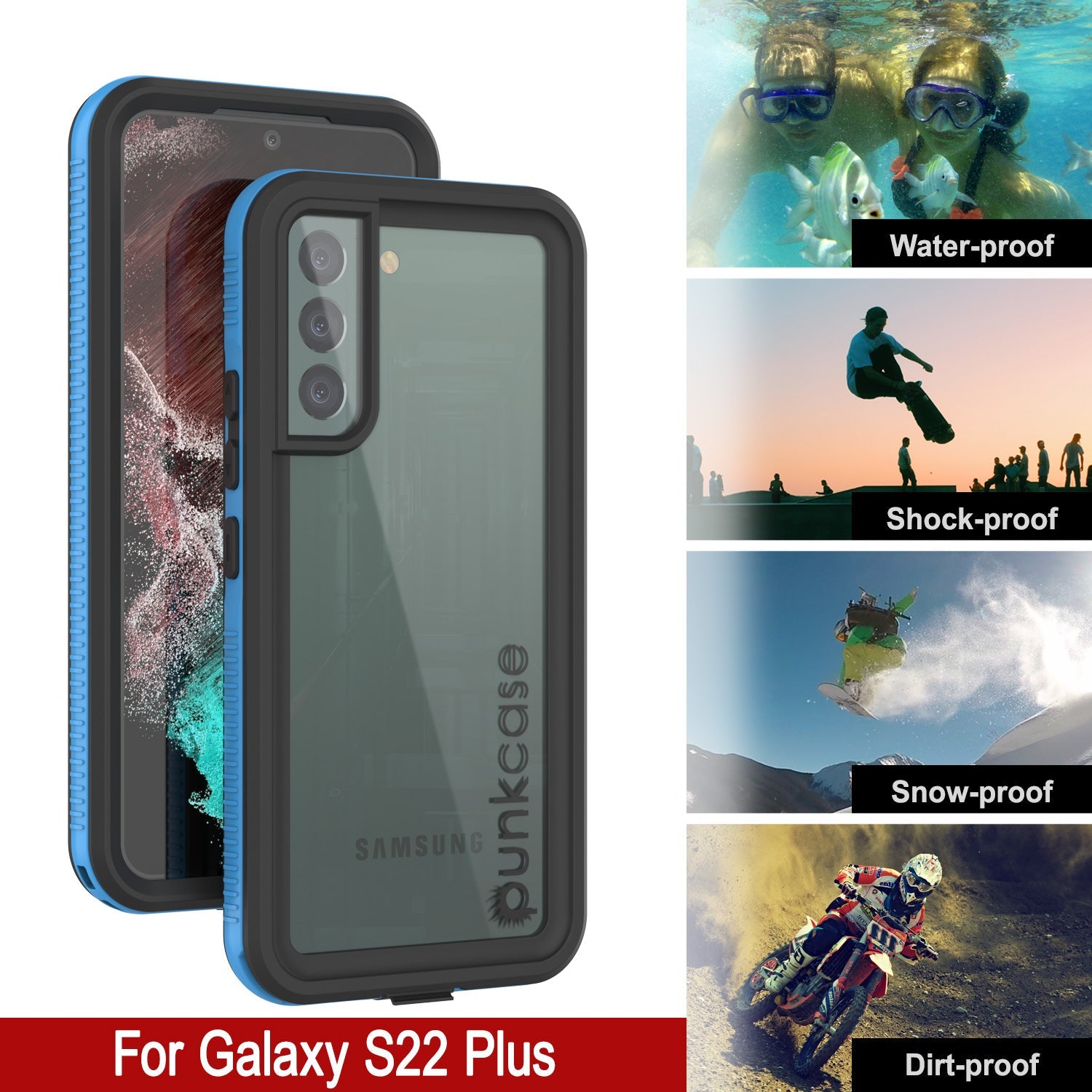 Capa à prova d'água Galaxy S22+ Plus PunkCase Ultimato Azul Claro Fino 6,6 pés embaixo d'água IP68 À prova de choque [Azul]