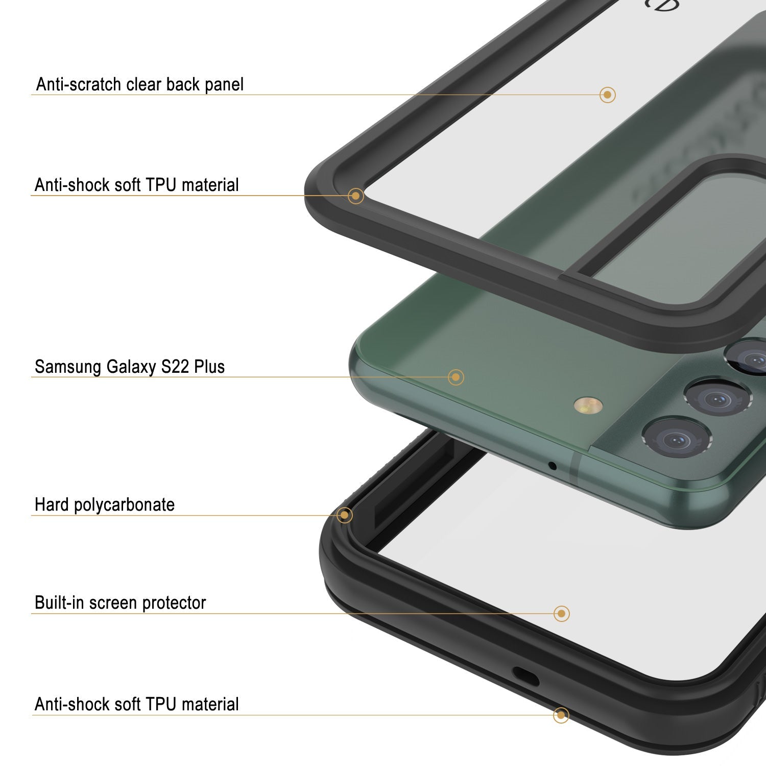 Capa à prova d'água Galaxy S22+ Plus PunkCase Ultimato Preto Fino 6,6 pés à prova d'água IP68 à prova de choque/neve [Preto]